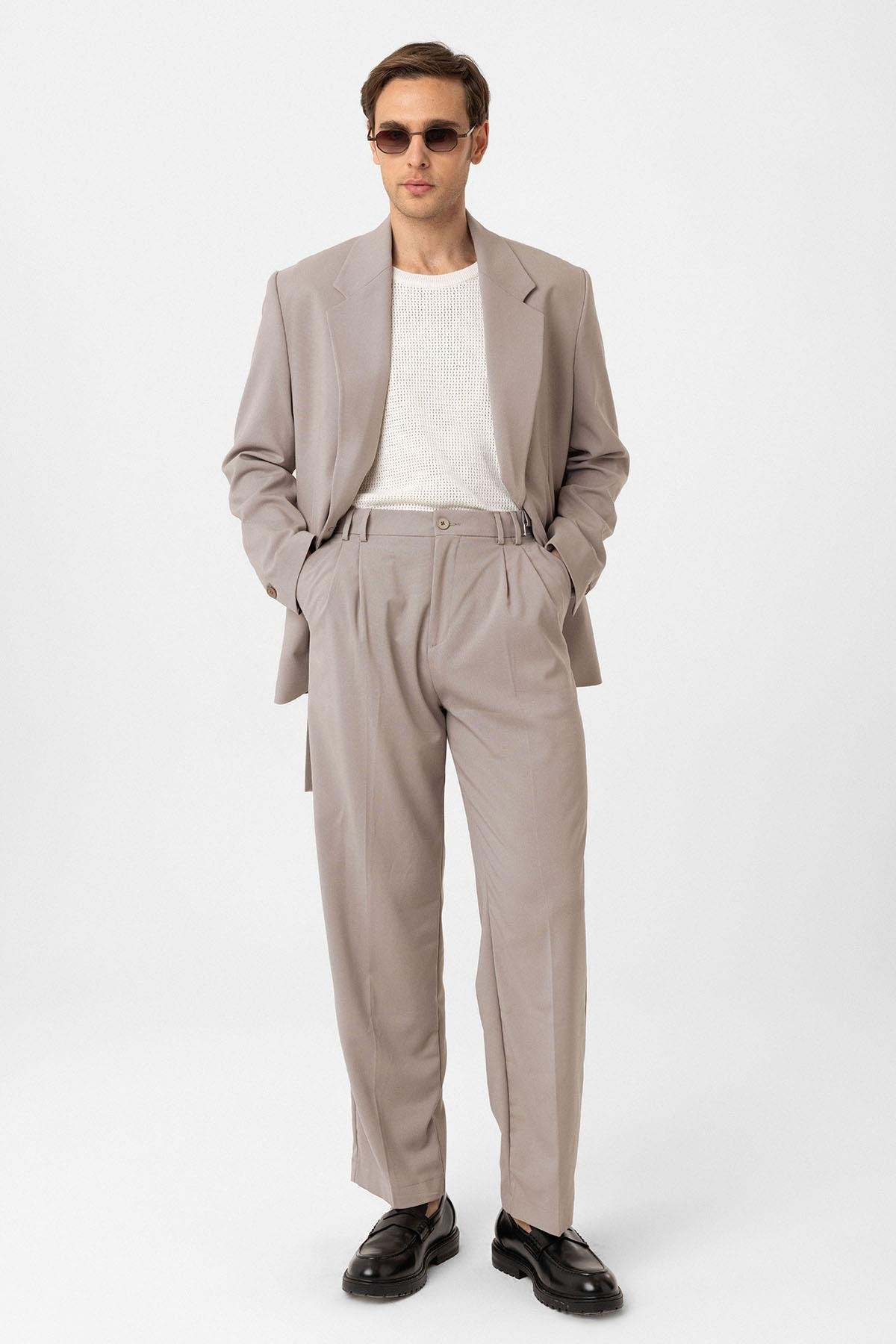 Antioch-Bej çift Pileli Baggy Fit Erkek Pantolon-Kumaş Pantolon-5-Milagron.com