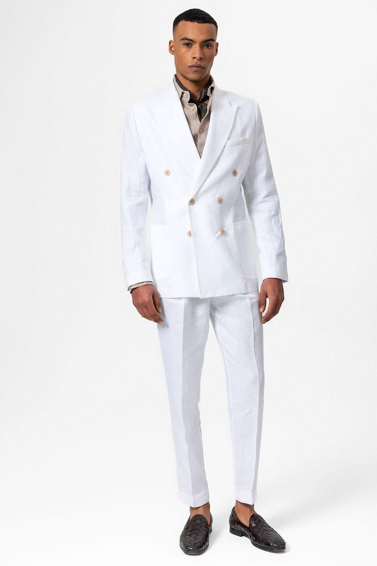 Antioch-Beyaz 100% Keten Kruvaze Kapama Erkek Blazer Ceket-Ceket-4-Milagron.com