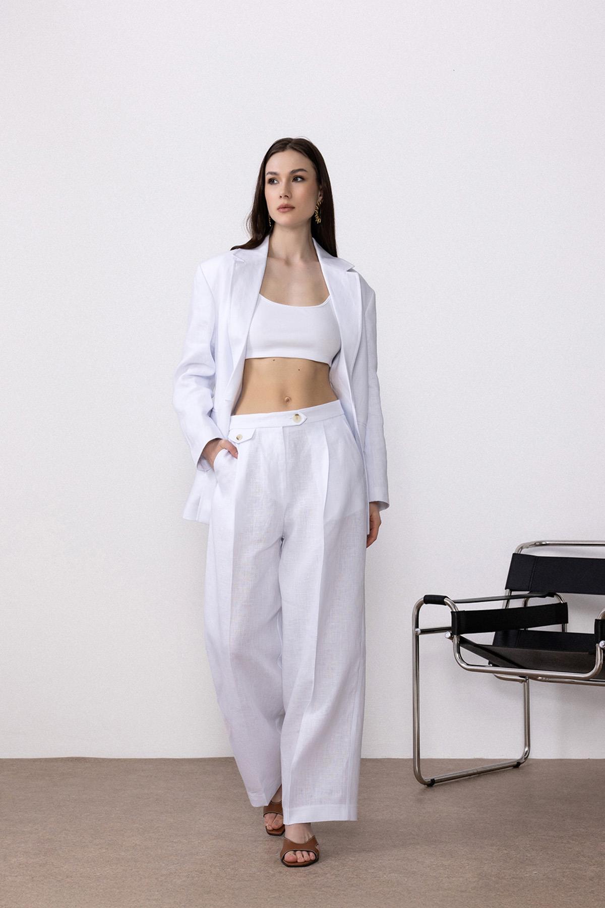 Antioch-Beyaz 100% Keten Yüksek Bel Pilili Kadın Pantolon-Kumaş Pantolon-1-Milagron.com
