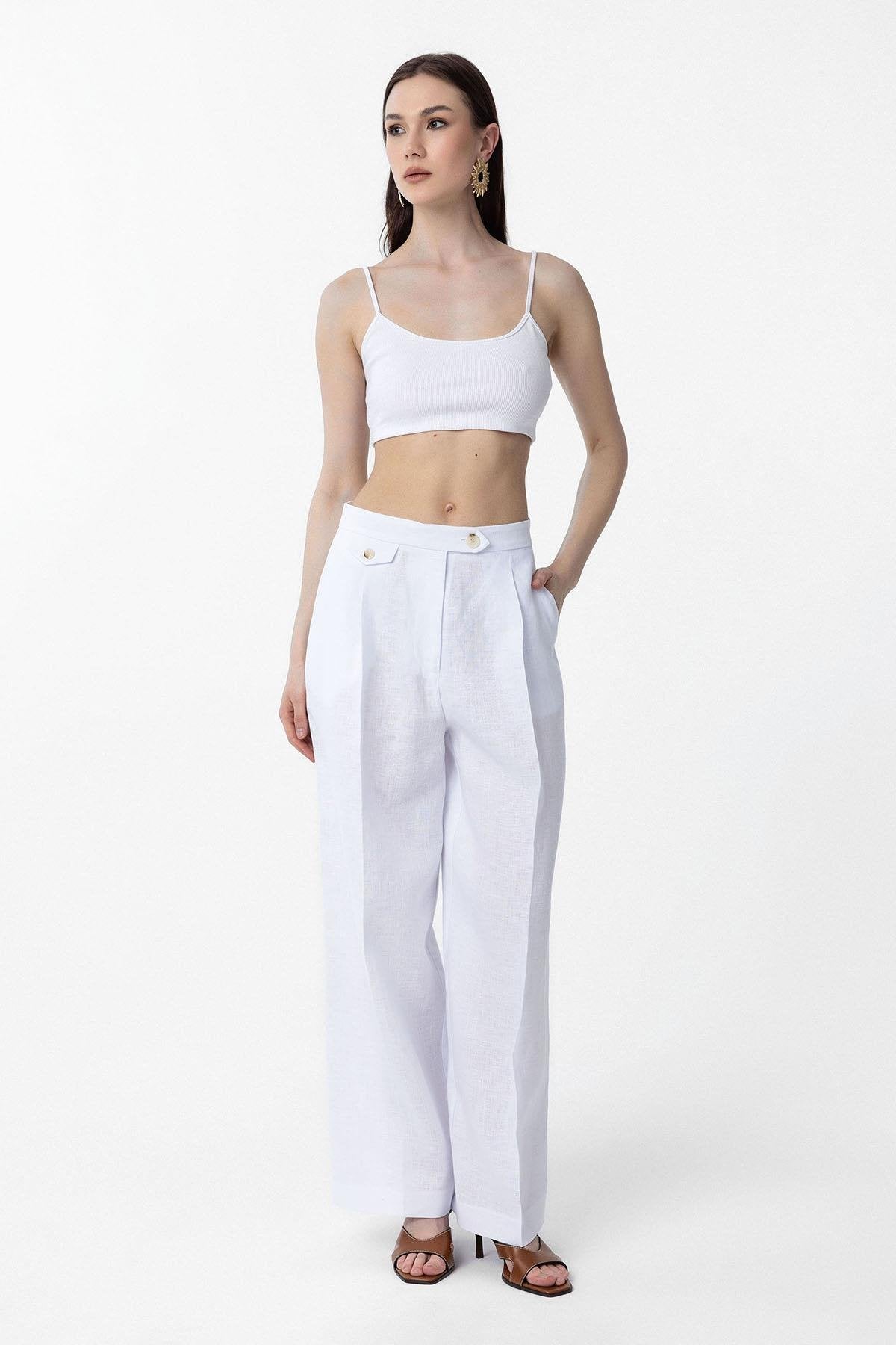 Antioch-Beyaz 100% Keten Yüksek Bel Pilili Kadın Pantolon-Kumaş Pantolon-3-Milagron.com