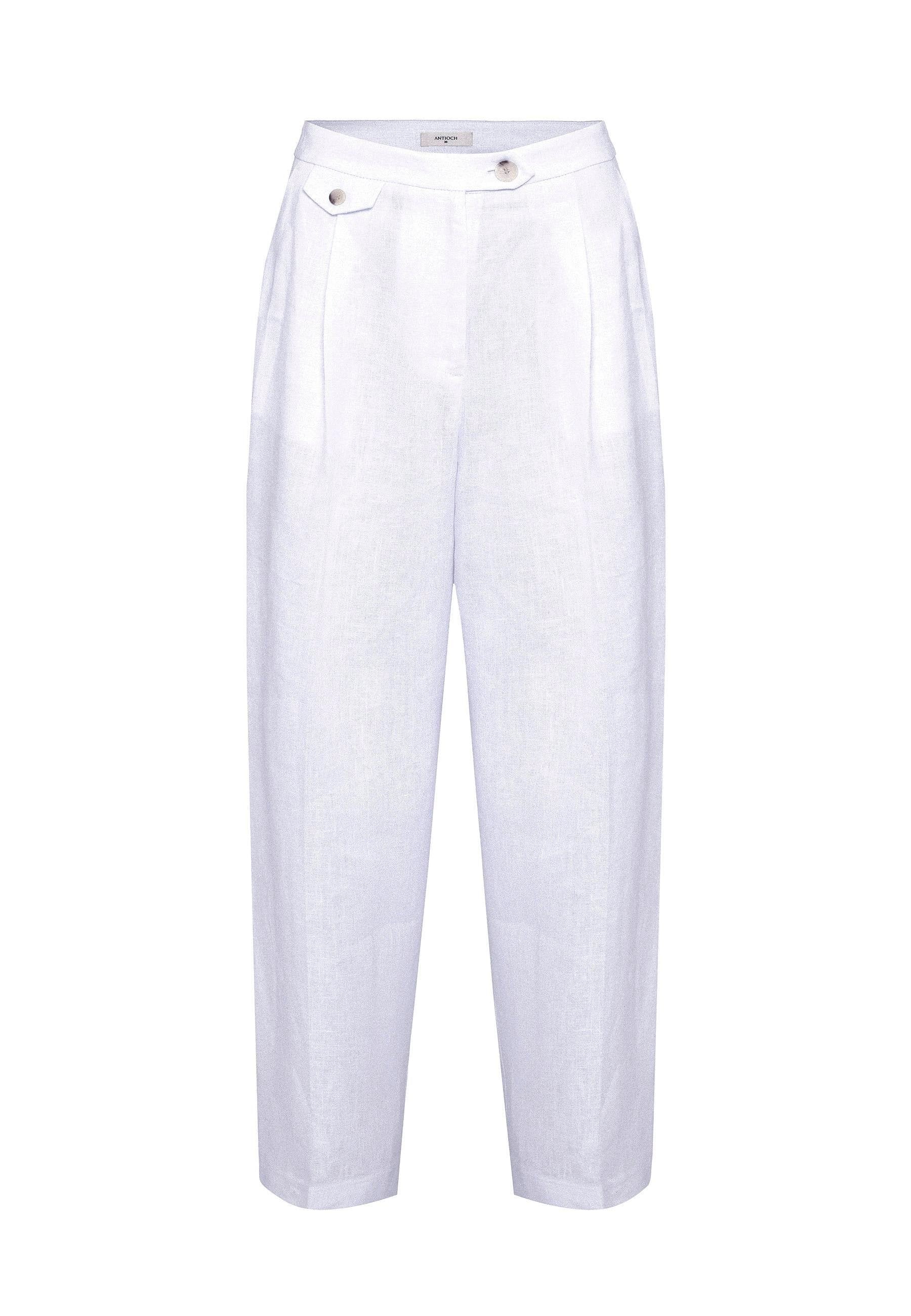 Antioch-Beyaz 100% Keten Yüksek Bel Pilili Kadın Pantolon-Kumaş Pantolon-7-Milagron.com