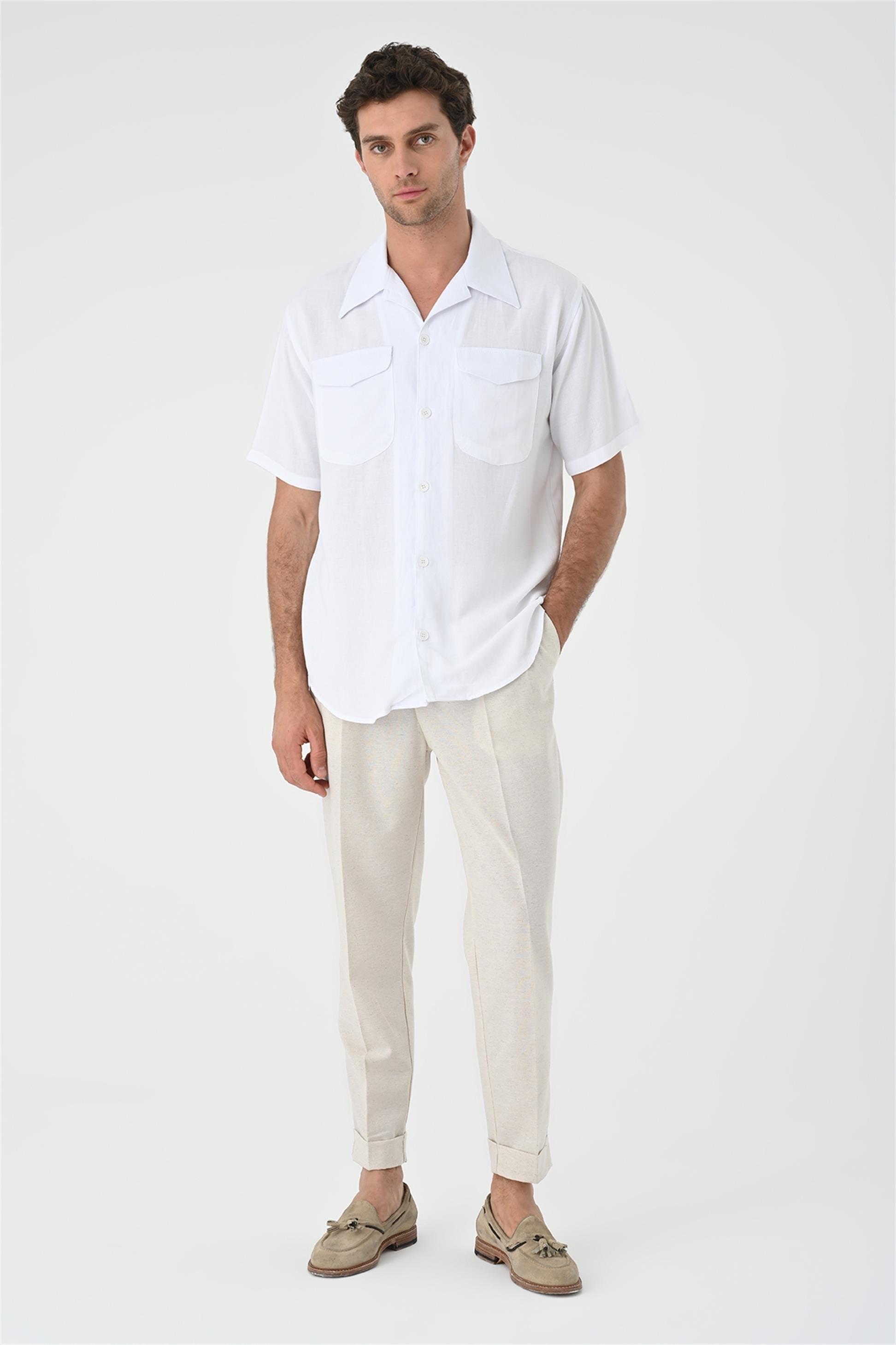 Antioch-Beyaz Apaş Yaka Cep Detaylı Erkek Gömlek-Gömlek-4-Milagron.com