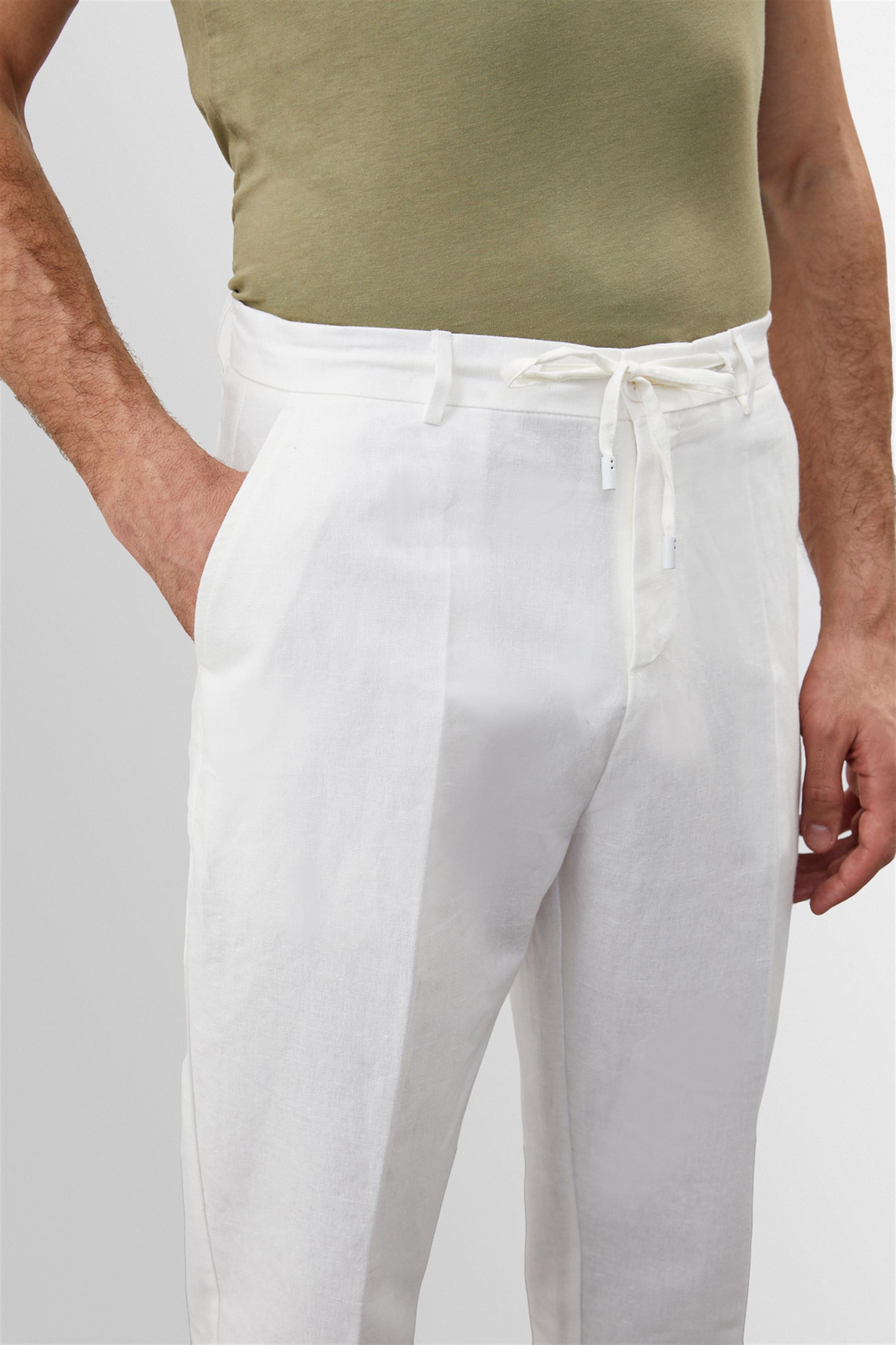 Antioch-Beyaz Beli Bağlamalı Yüksek Bel %100 Keten Erkek Pantolon-Kumaş Pantolon-4-Milagron.com