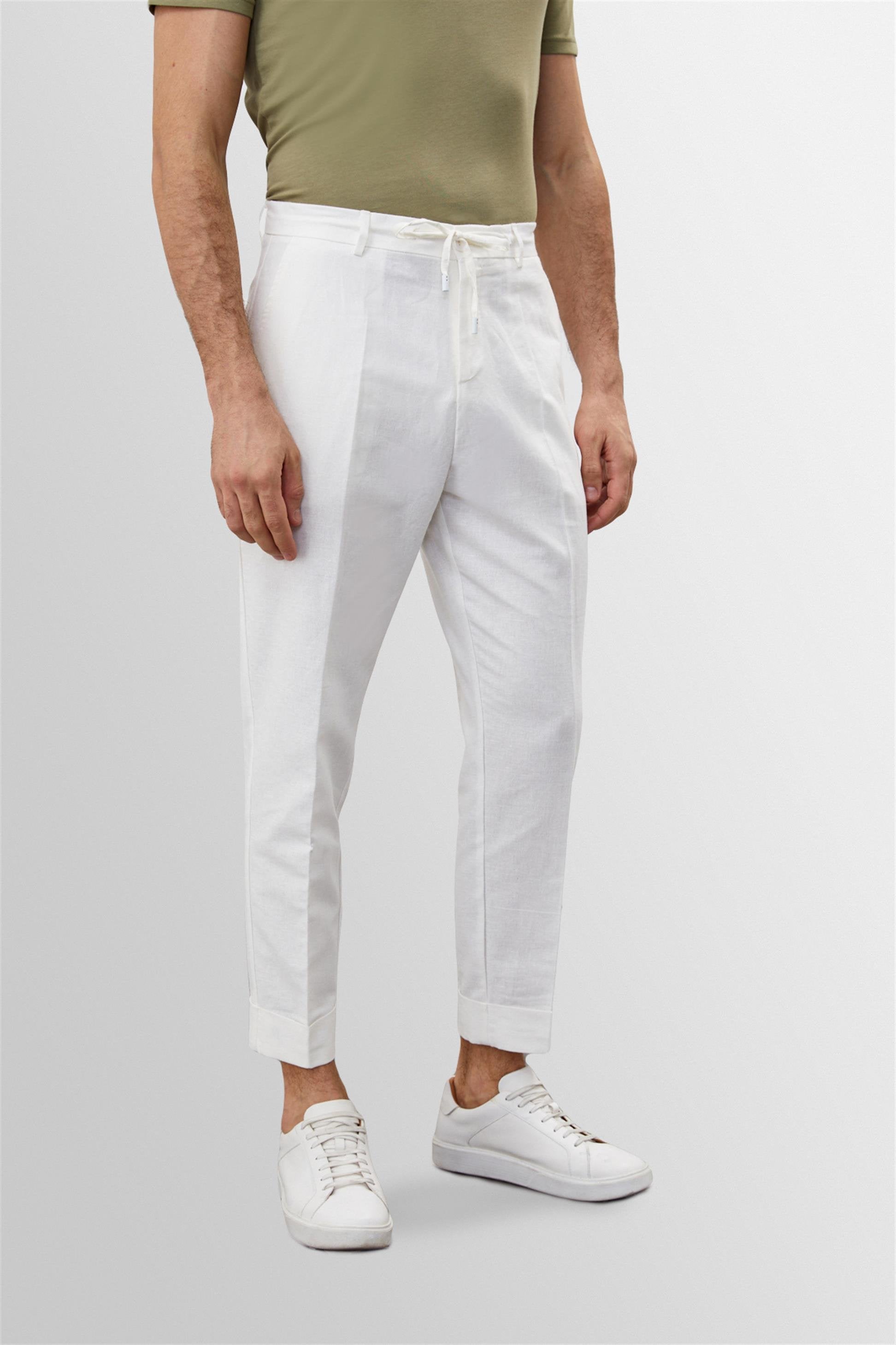 Antioch-Beyaz Beli Bağlamalı Yüksek Bel %100 Keten Erkek Pantolon-Kumaş Pantolon-5-Milagron.com