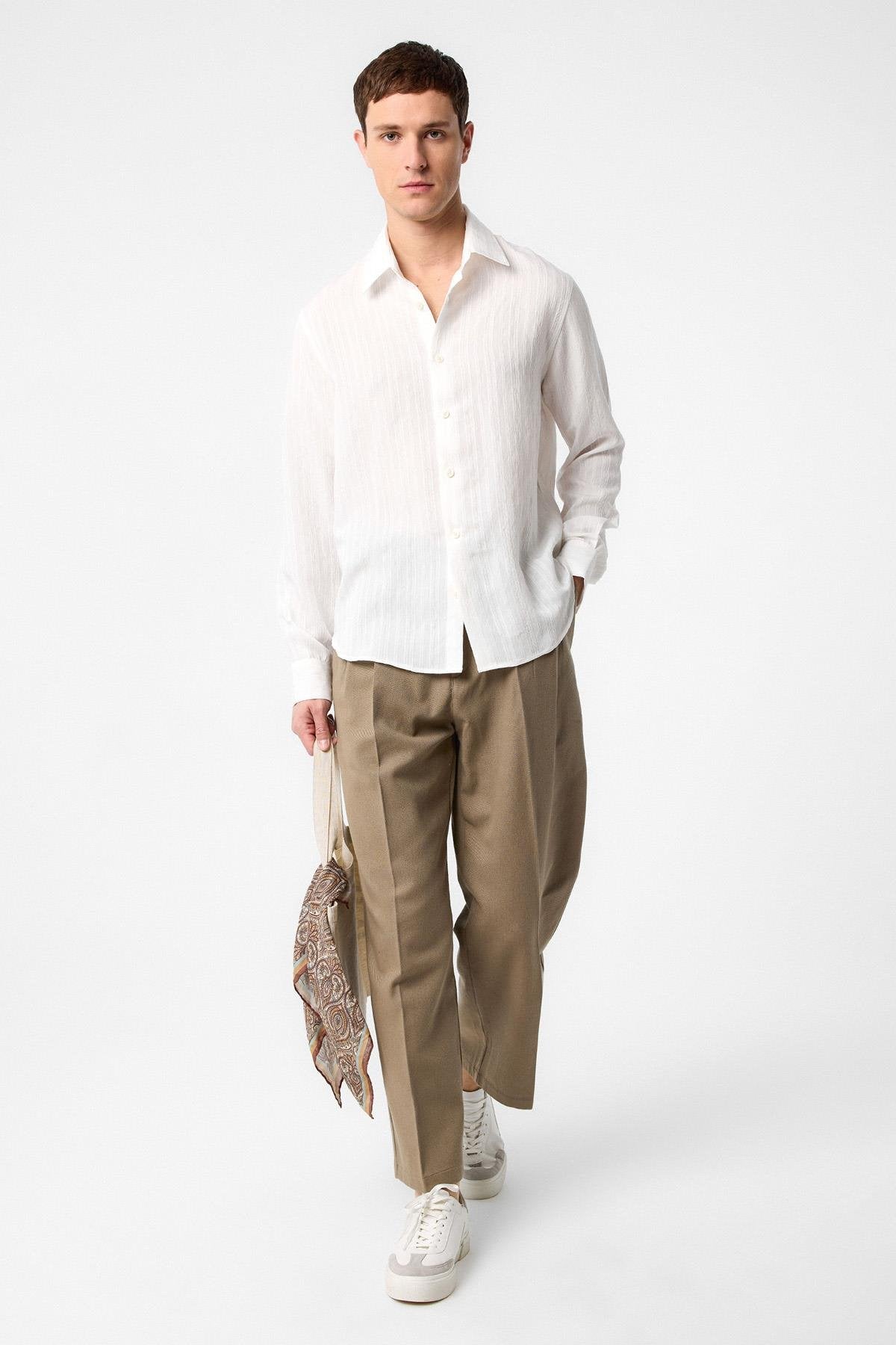 Antioch-Beyaz Çizgili Ve Dokulu Erkek Gömlek-Gömlek-2-Milagron.com