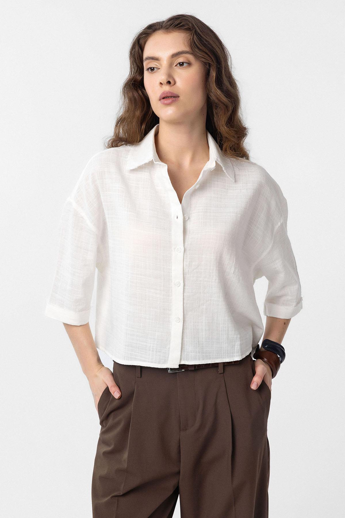 Antioch-Beyaz Crop Dokulu Kadın Gömlek-Gömlek-1-Milagron.com