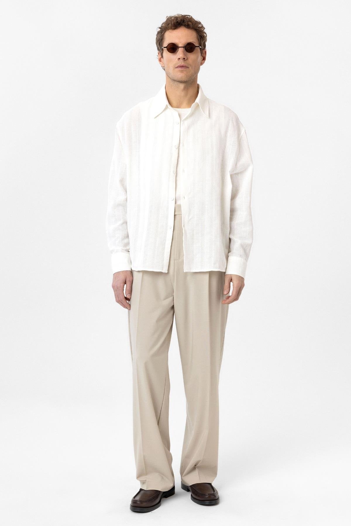 Antioch-Beyaz Dokulu Jakarlı Pamuklu Erkek Gömlek-Gömlek-4-Milagron.com