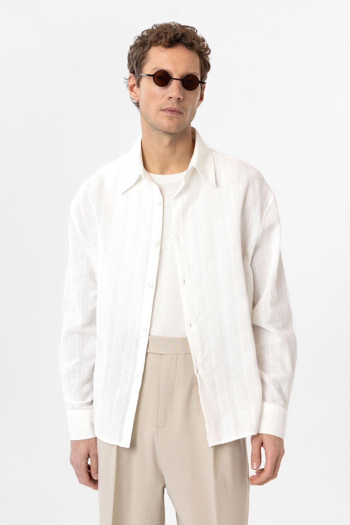 Antioch-Beyaz Dokulu Jakarlı Pamuklu Erkek Gömlek-Gömlek-5-Milagron.com