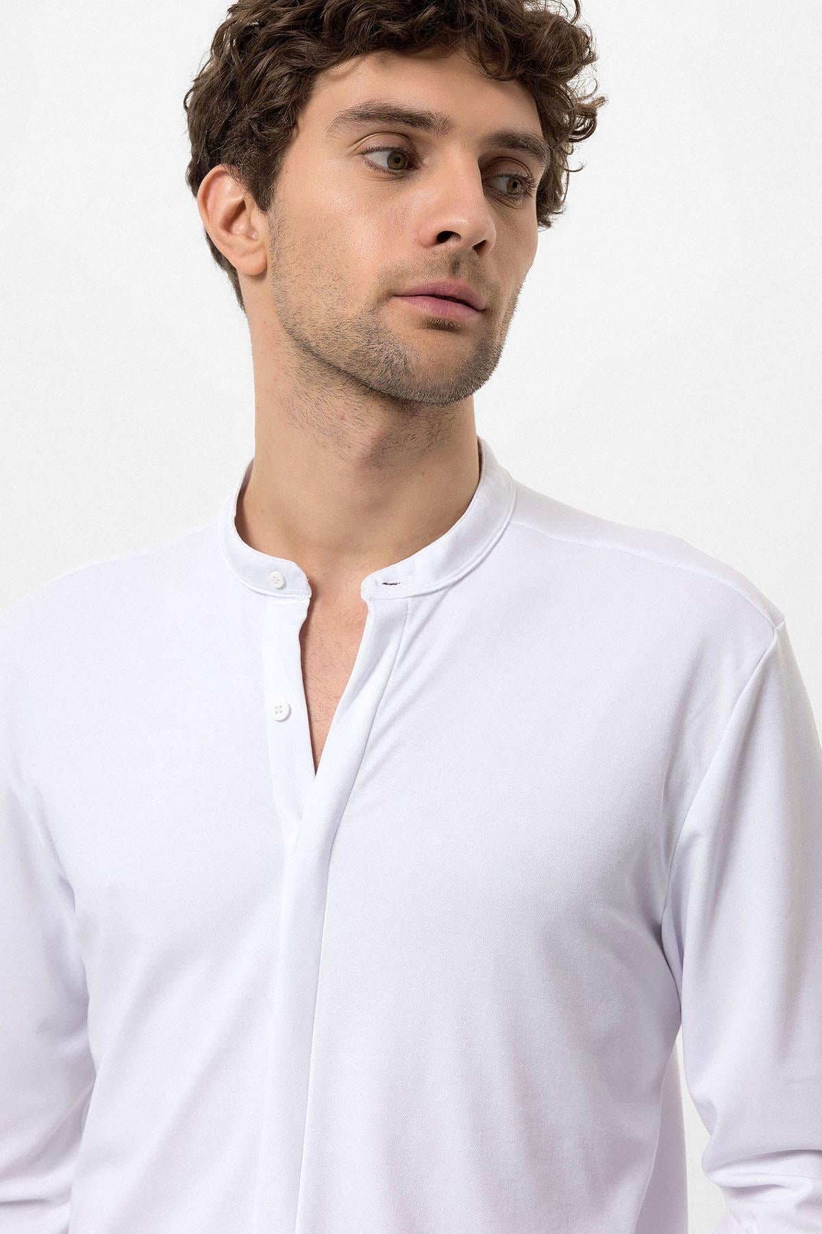 Antioch-Beyaz Erkek Hakim Yaka Gizli Düğme Uzun Kollu Slim Fit Gömlek-Gömlek-5-Milagron.com