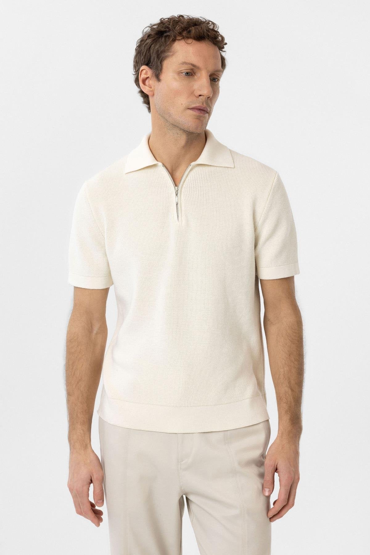 Antioch-Beyaz Fermuarlı Dokuma Erkek Polo Yaka Triko T Shirt-T-Shirts-4-Milagron.com