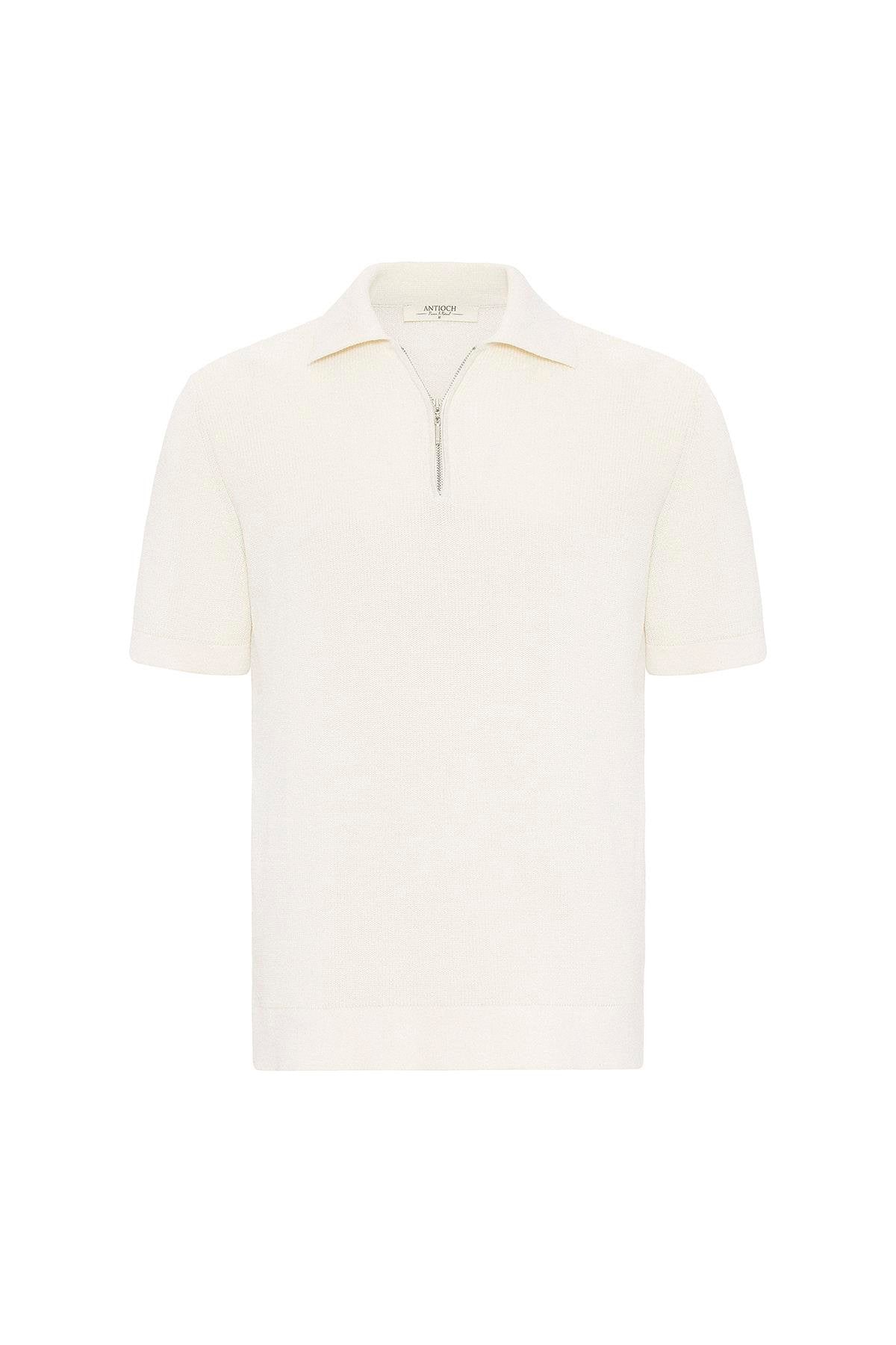 Antioch-Beyaz Fermuarlı Dokuma Erkek Polo Yaka Triko T Shirt-T-Shirts-7-Milagron.com