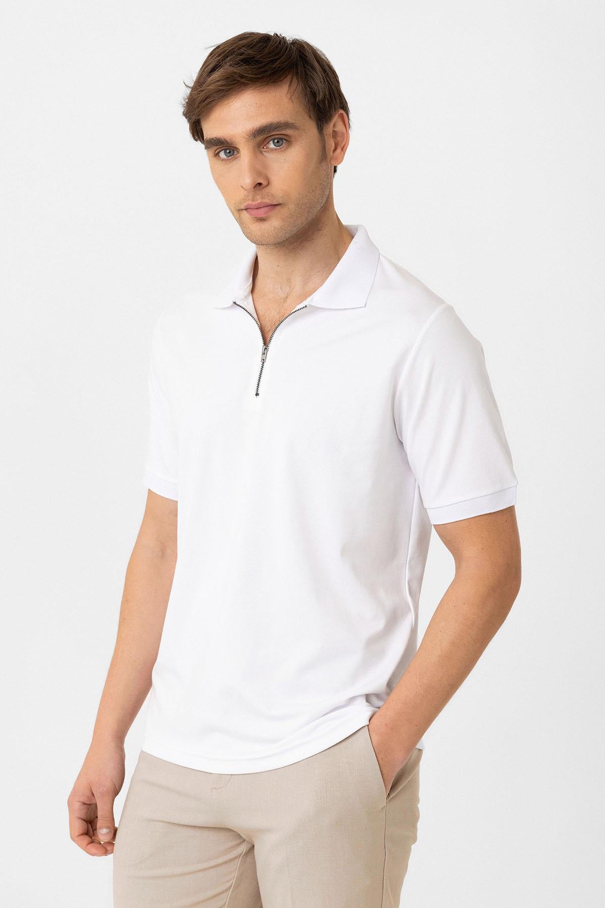 Antioch-Beyaz Fermuarlı Regular Fit Erkek T Shirt-T-Shirts-3-Milagron.com