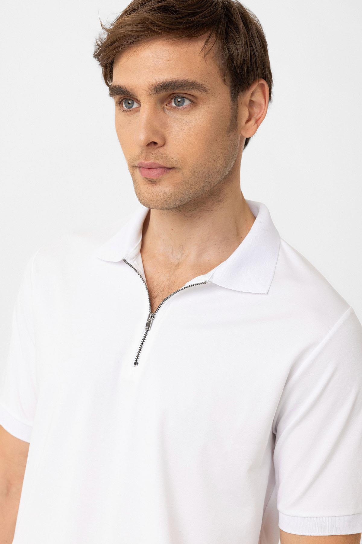 Antioch-Beyaz Fermuarlı Regular Fit Erkek T Shirt-T-Shirts-4-Milagron.com