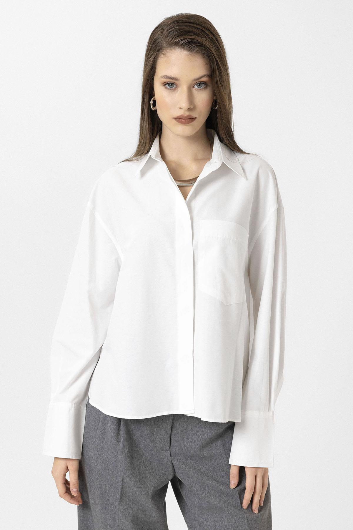 Antioch-Beyaz Kadın Basic Poplin Gömlek-Gömlek-1-Milagron.com