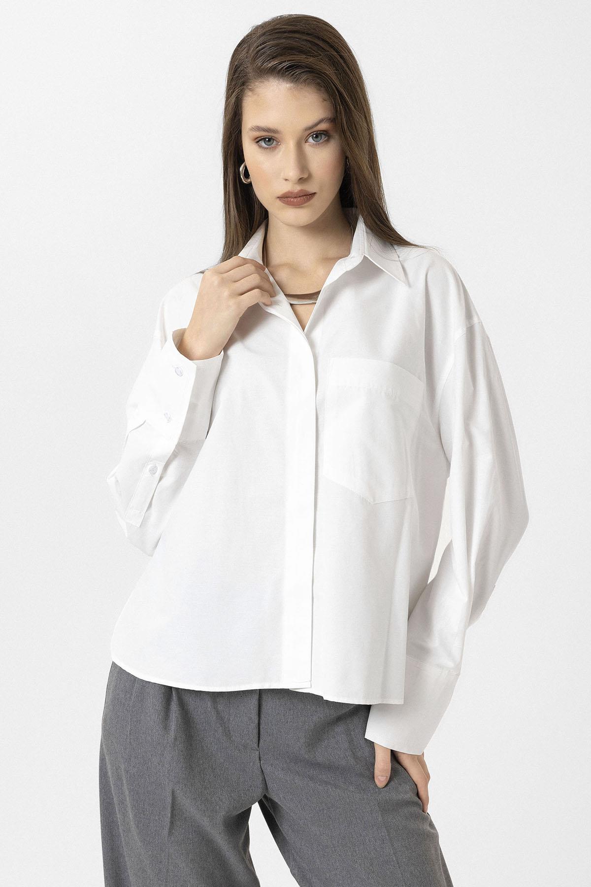 Antioch-Beyaz Kadın Basic Poplin Gömlek-Gömlek-4-Milagron.com