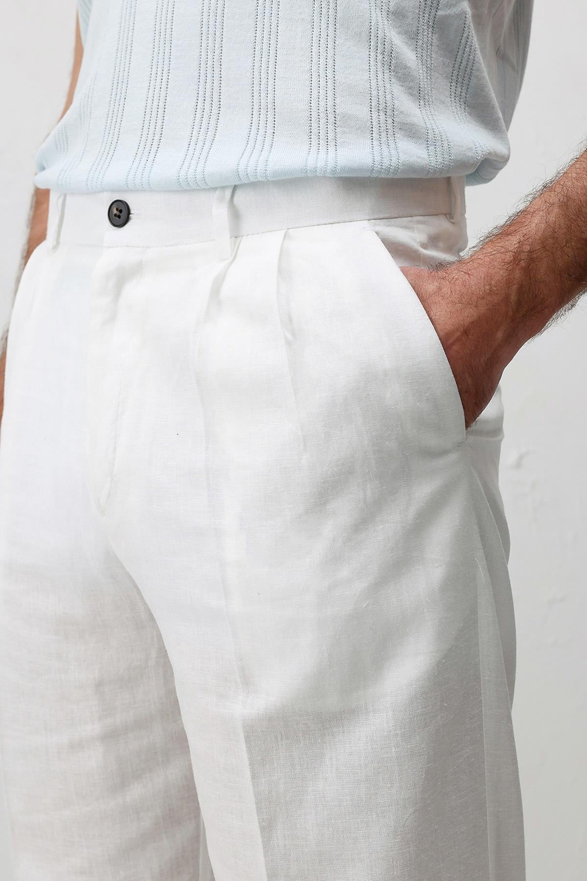 Antioch Beyaz Keten Karışımlı Erkek Baggy Pantolon