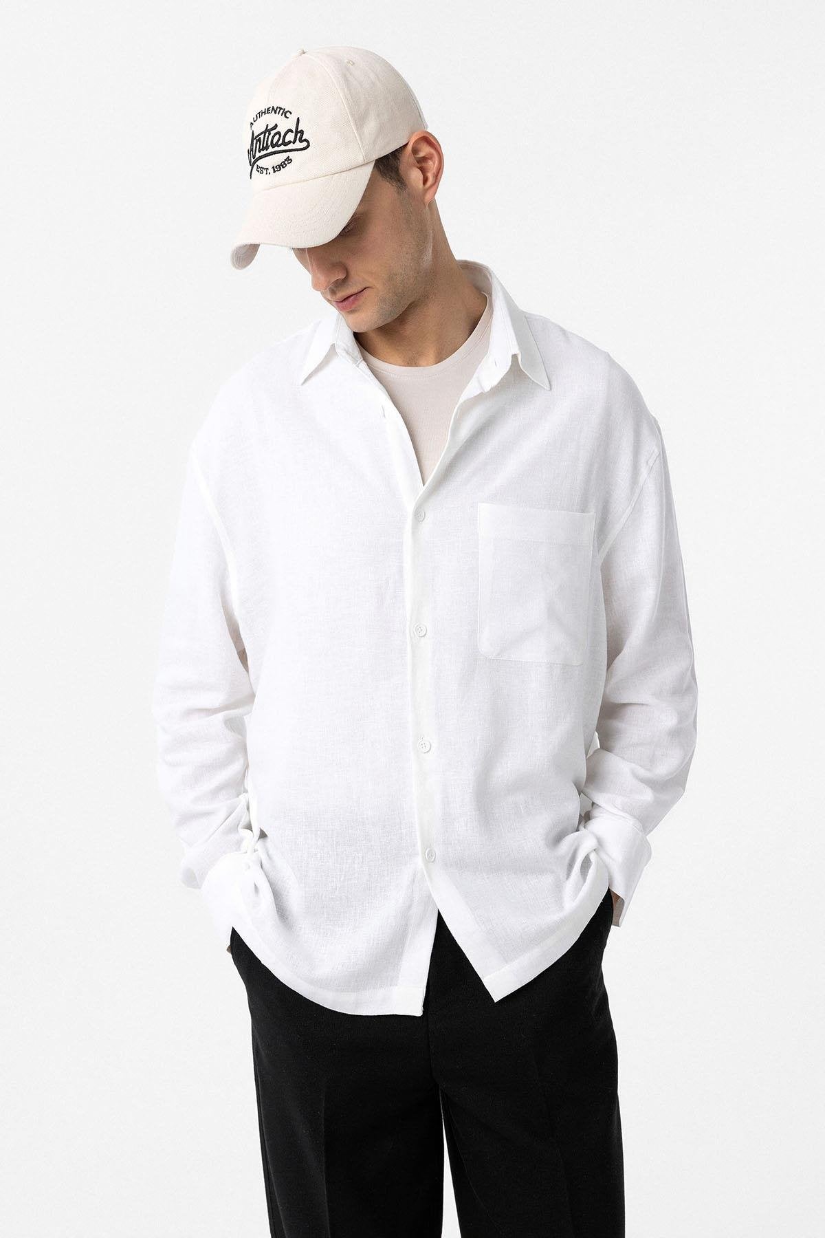 Antioch-Antioch Beyaz Keten Karışımlı Relax Fit Erkek Gömlek-Gömlek-3-Milagron.com