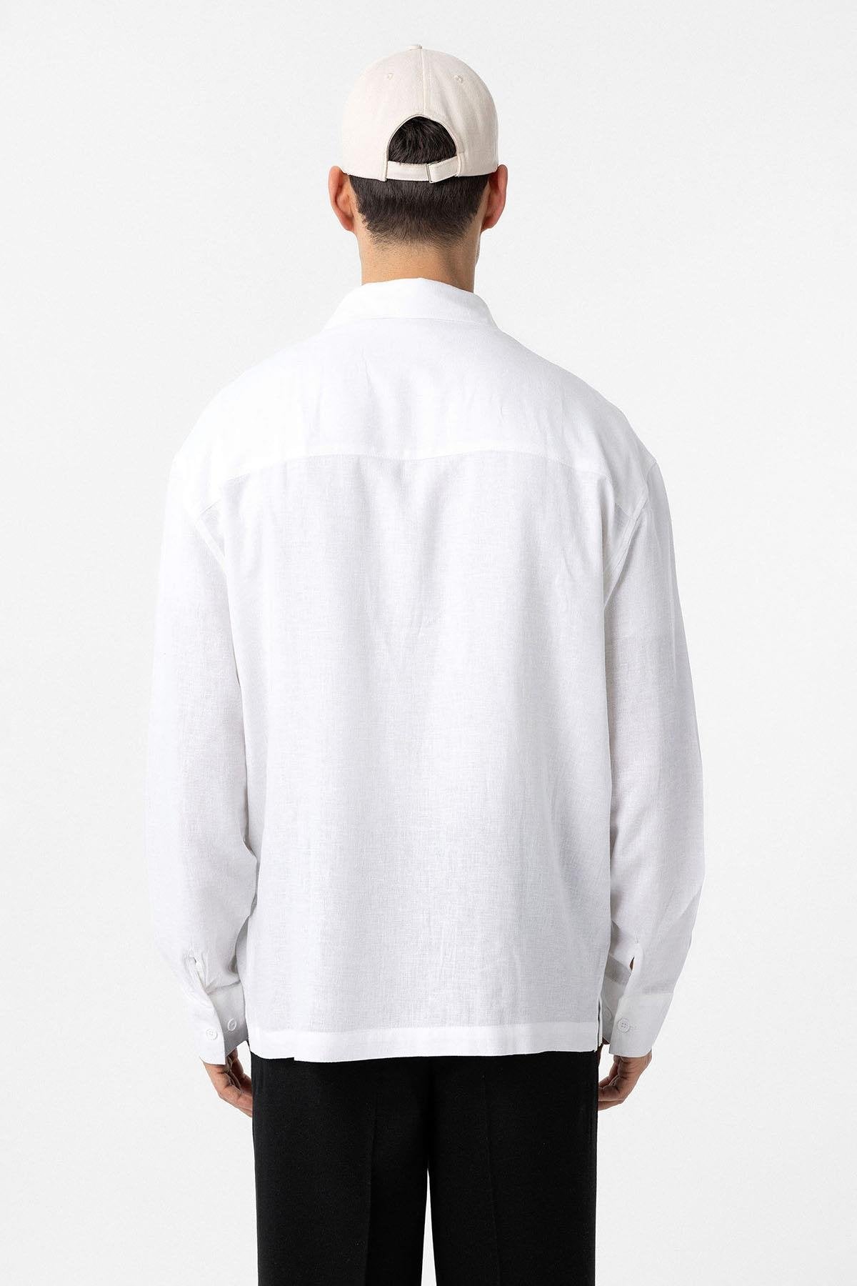 Antioch-Antioch Beyaz Keten Karışımlı Relax Fit Erkek Gömlek-Gömlek-5-Milagron.com