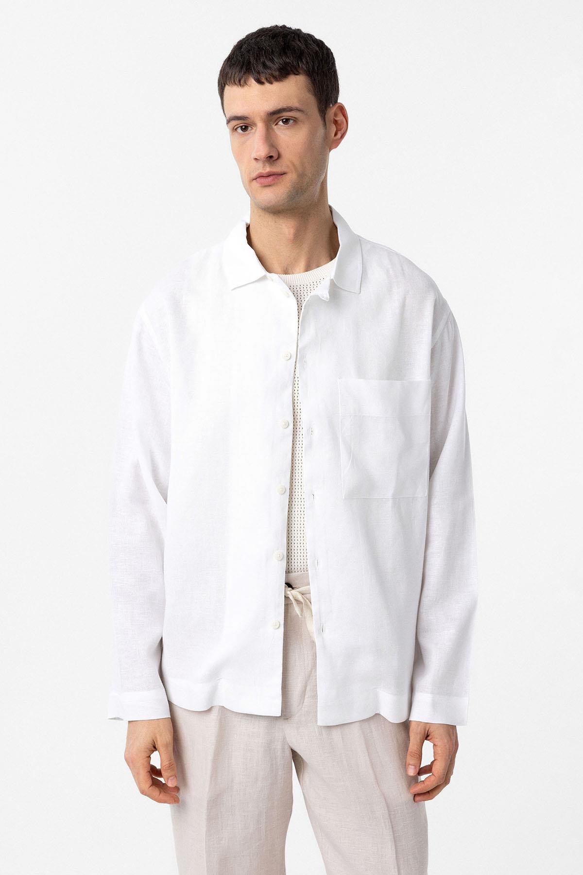 Antioch-Antioch Beyaz Keten Karışımlı Relax Fit Erkek Gömlek-Gömlek-6-Milagron.com