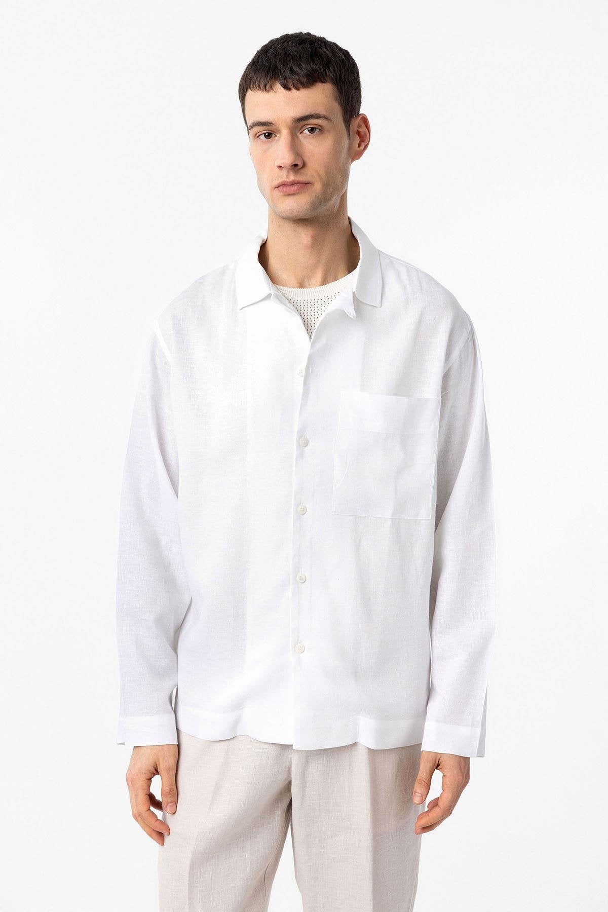 Antioch-Antioch Beyaz Keten Karışımlı Relax Fit Erkek Gömlek-Gömlek-7-Milagron.com