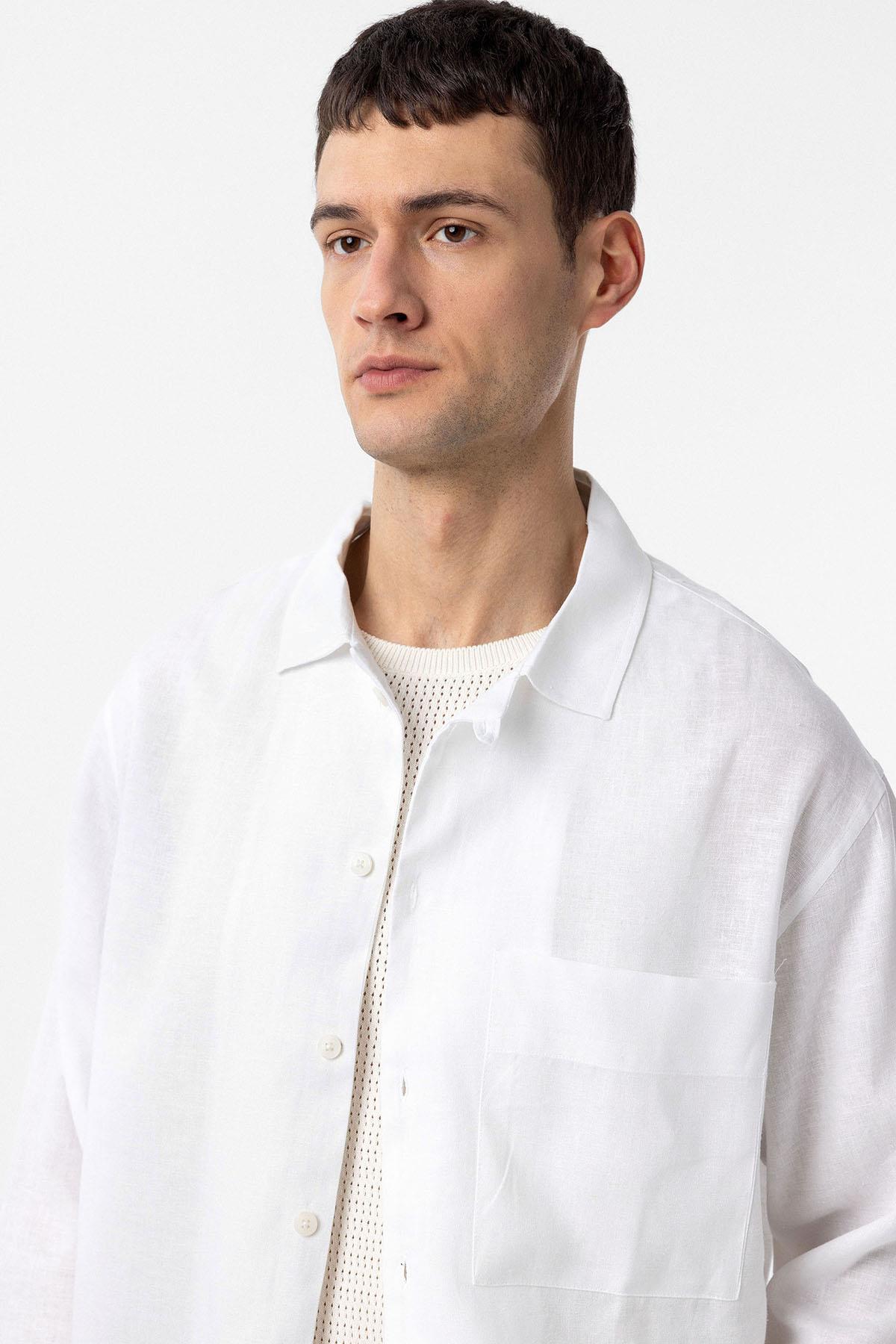 Antioch-Antioch Beyaz Keten Karışımlı Relax Fit Erkek Gömlek-Gömlek-9-Milagron.com