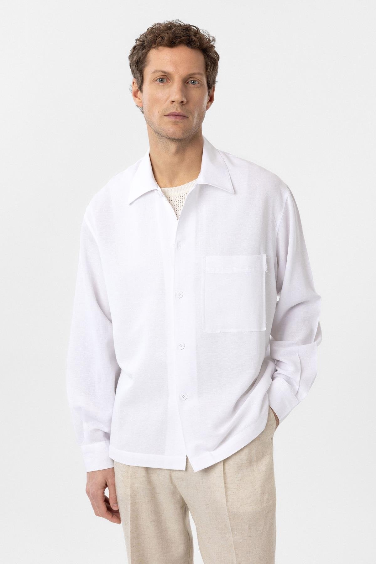 Antioch-Beyaz Keten Karışımlı Relaxed Erkek Gömlek-Gömlek-2-Milagron.com
