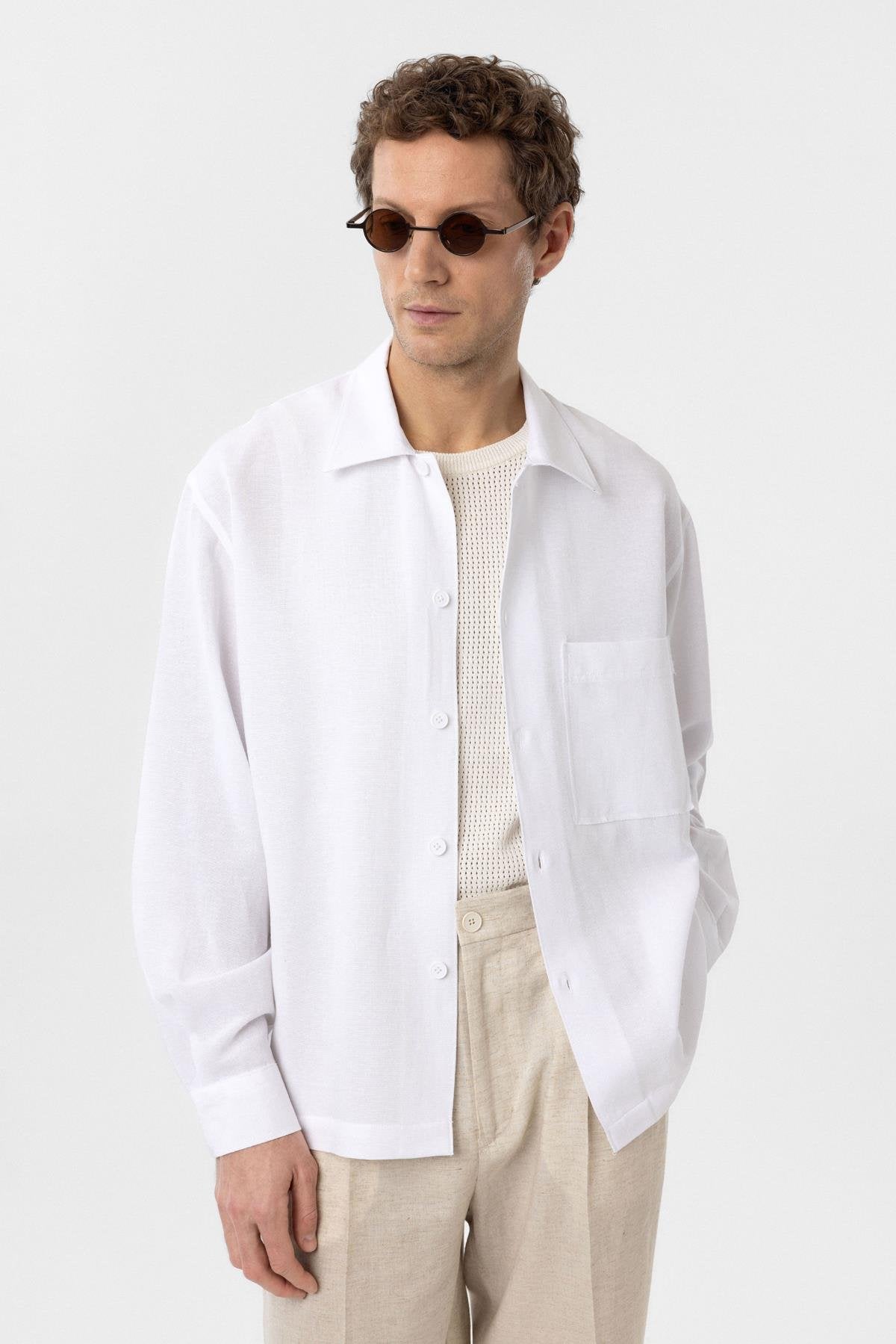Antioch-Beyaz Keten Karışımlı Relaxed Erkek Gömlek-Gömlek-4-Milagron.com
