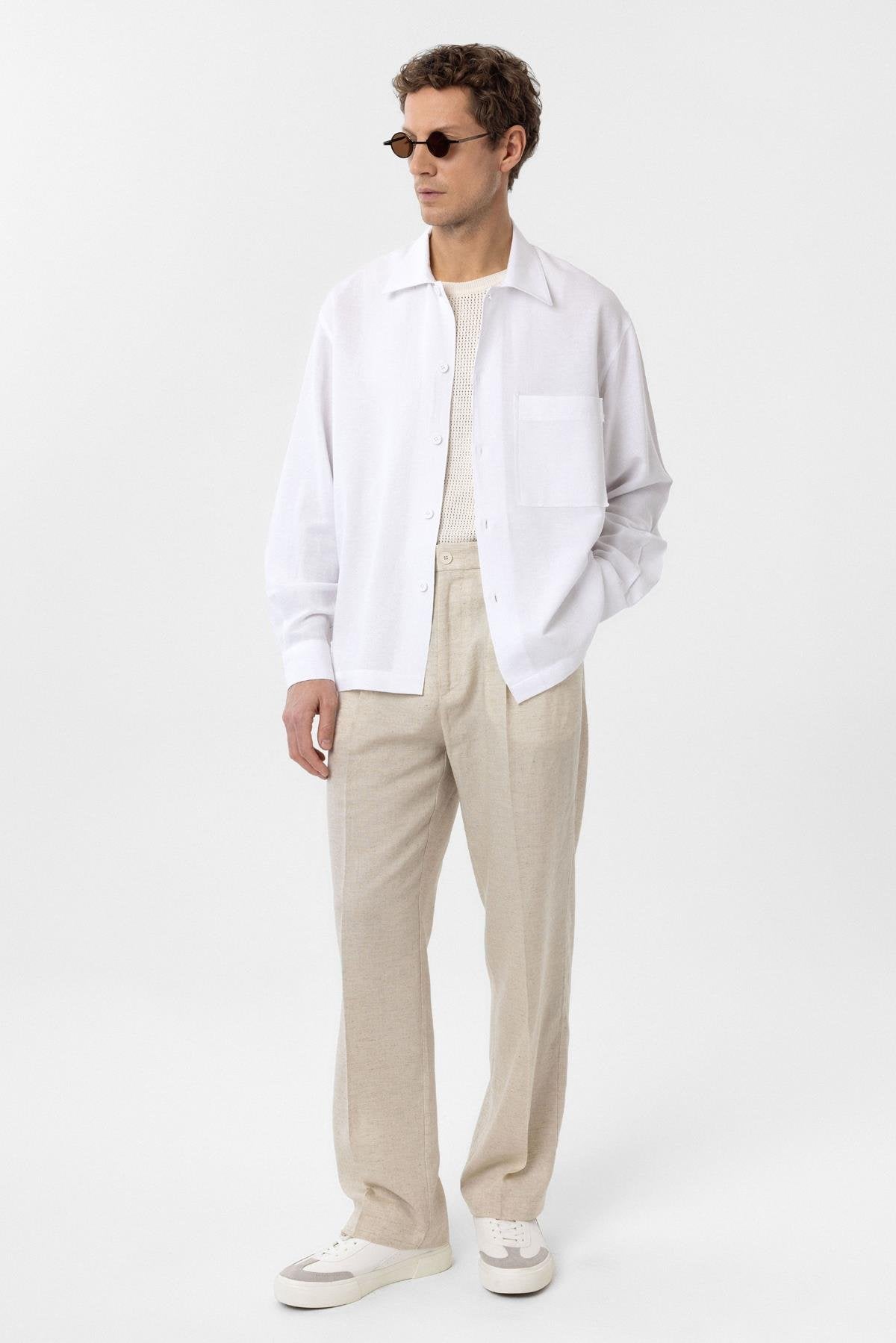 Antioch-Beyaz Keten Karışımlı Relaxed Erkek Gömlek-Gömlek-6-Milagron.com