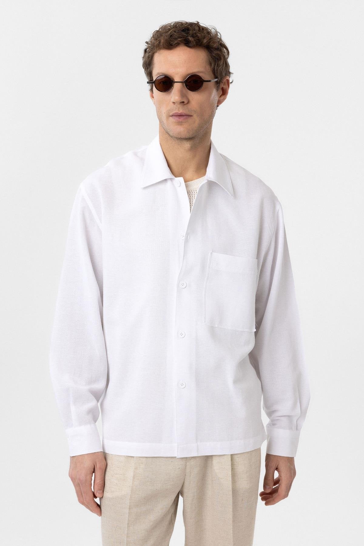 Antioch-Beyaz Keten Karışımlı Relaxed Erkek Gömlek-Gömlek-8-Milagron.com