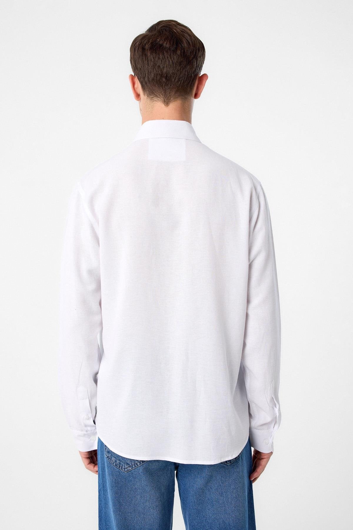 Antioch-Beyaz Keten Karışımlı Yaka Düğmeli Erkek Gömlek-Gömlek-5-Milagron.com