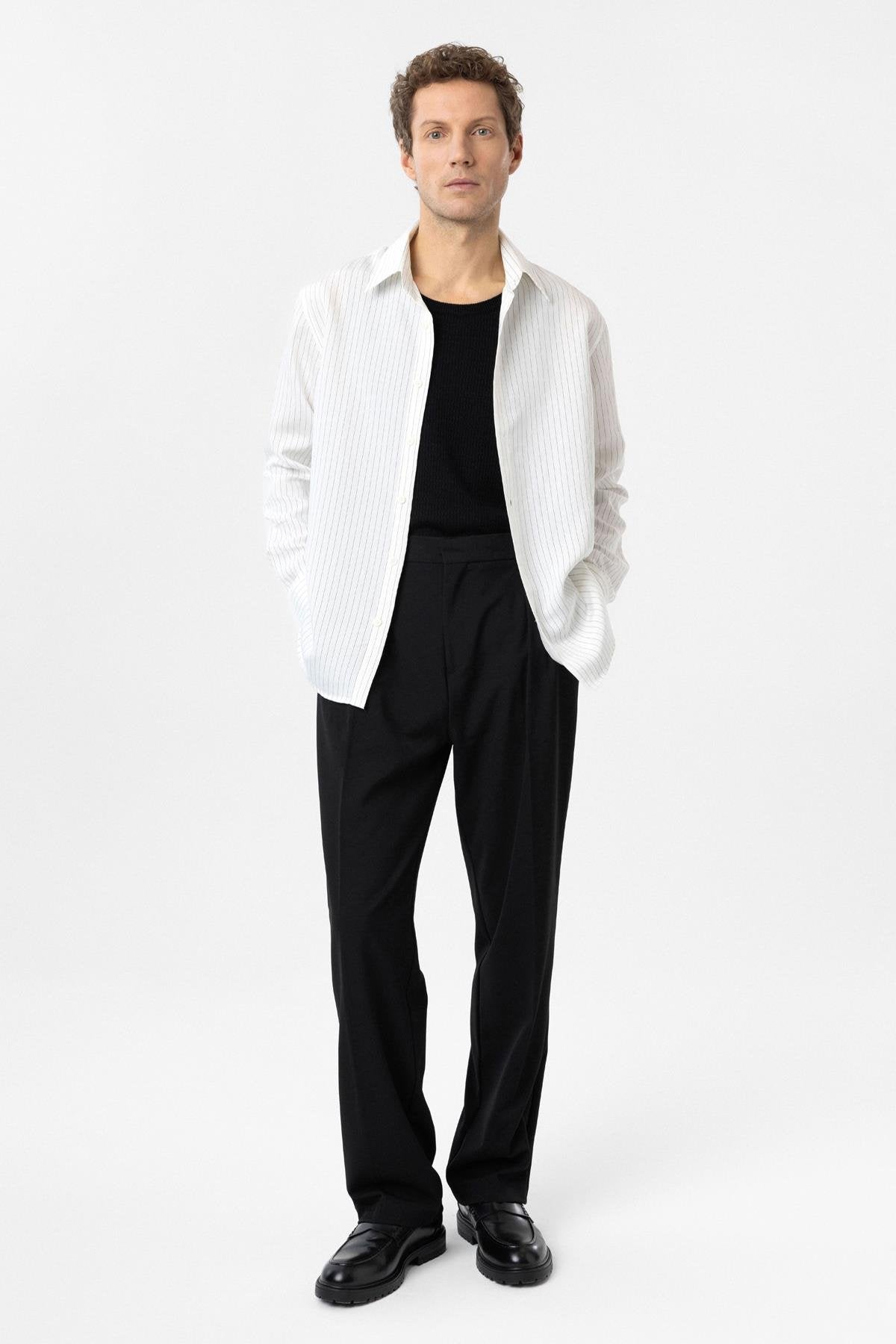 Antioch-Beyaz Modal Kumaş Relax Fit Çizgili Erkek Gömlek-Gömlek-2-Milagron.com