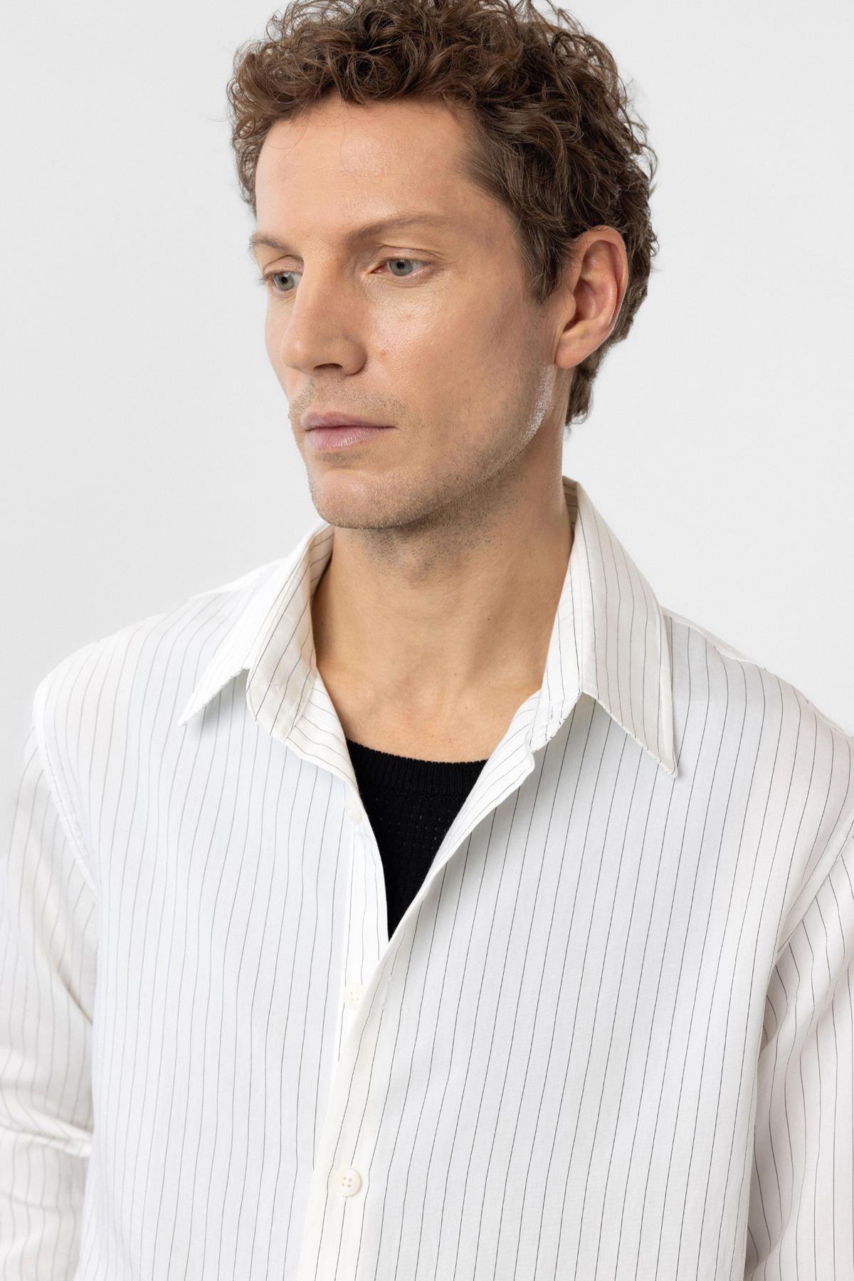 Antioch-Beyaz Modal Kumaş Relax Fit Çizgili Erkek Gömlek-Gömlek-3-Milagron.com