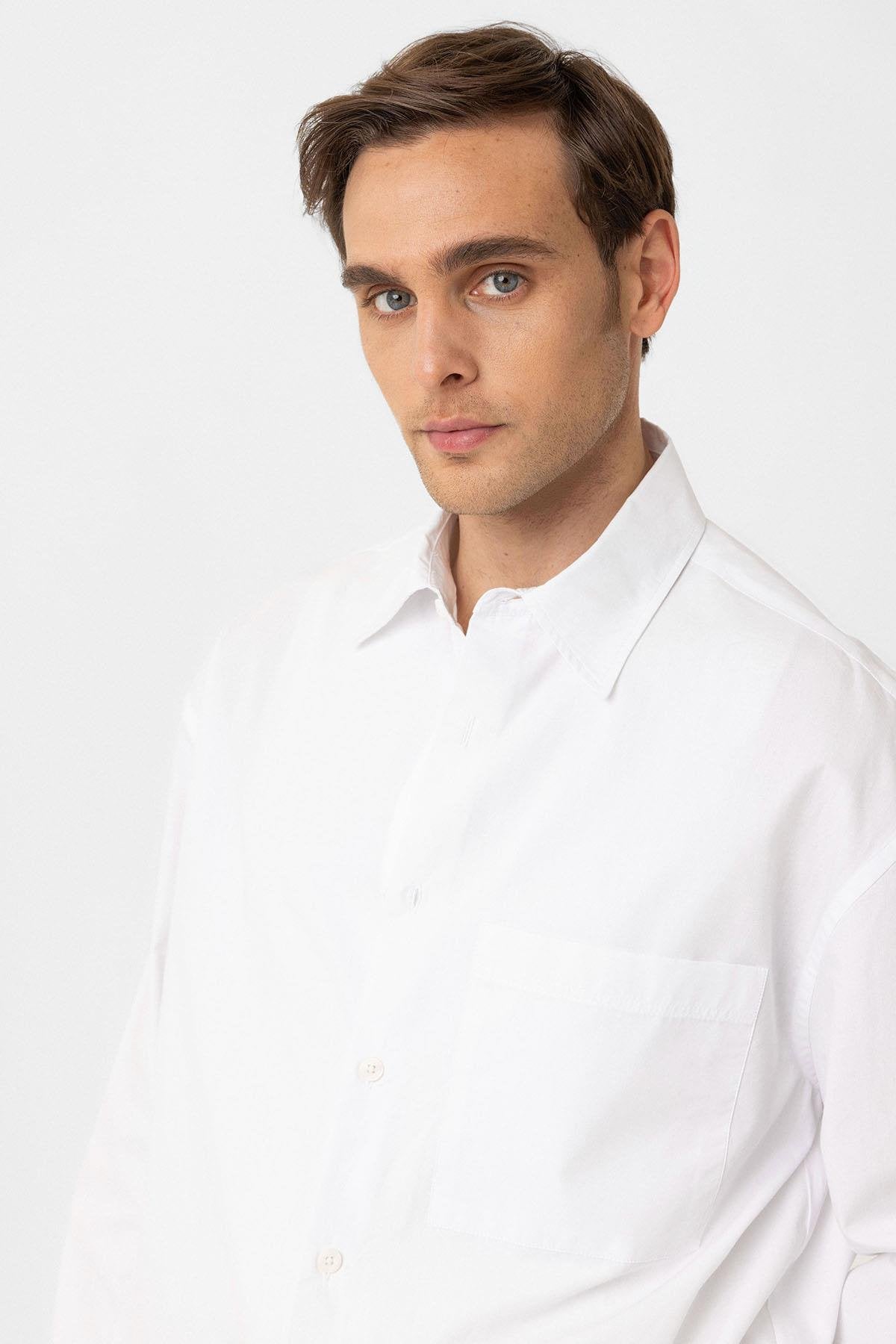 Antioch-Beyaz Pamuklu Relaxed Erkek Gömlek-Gömlek-3-Milagron.com