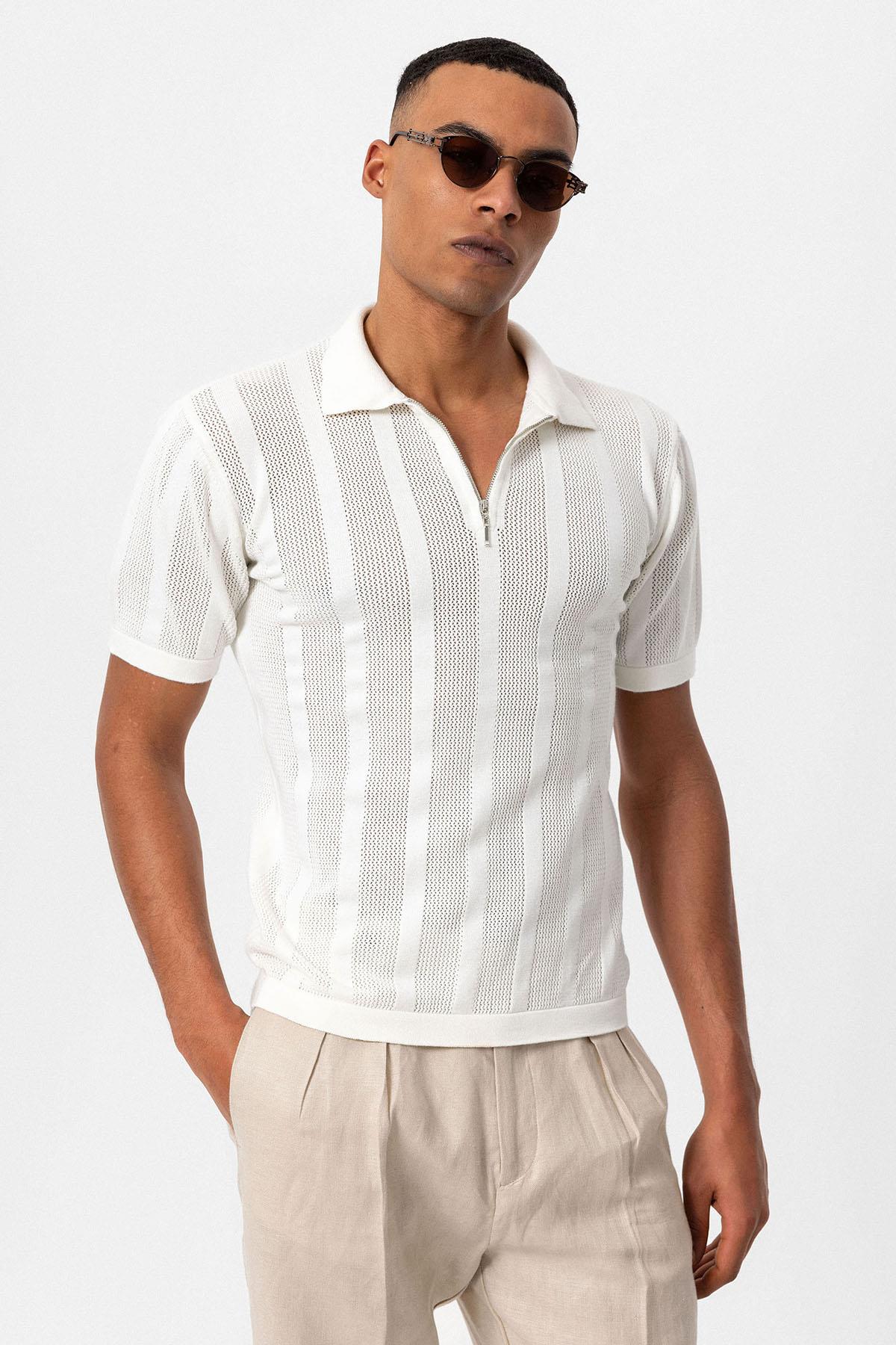 Antioch-Beyaz Polo Yaka Fermuarlı Örme Erkek T Shirt-T-Shirts-1-Milagron.com
