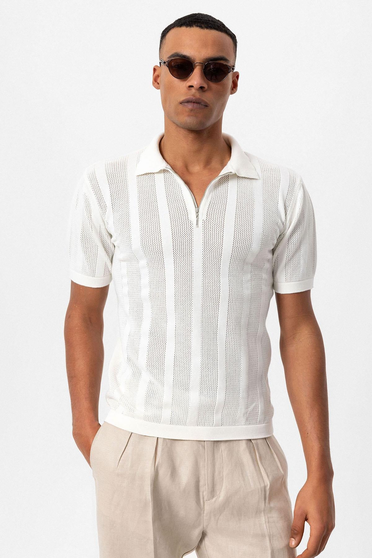 Antioch-Beyaz Polo Yaka Fermuarlı Örme Erkek T Shirt-T-Shirts-4-Milagron.com