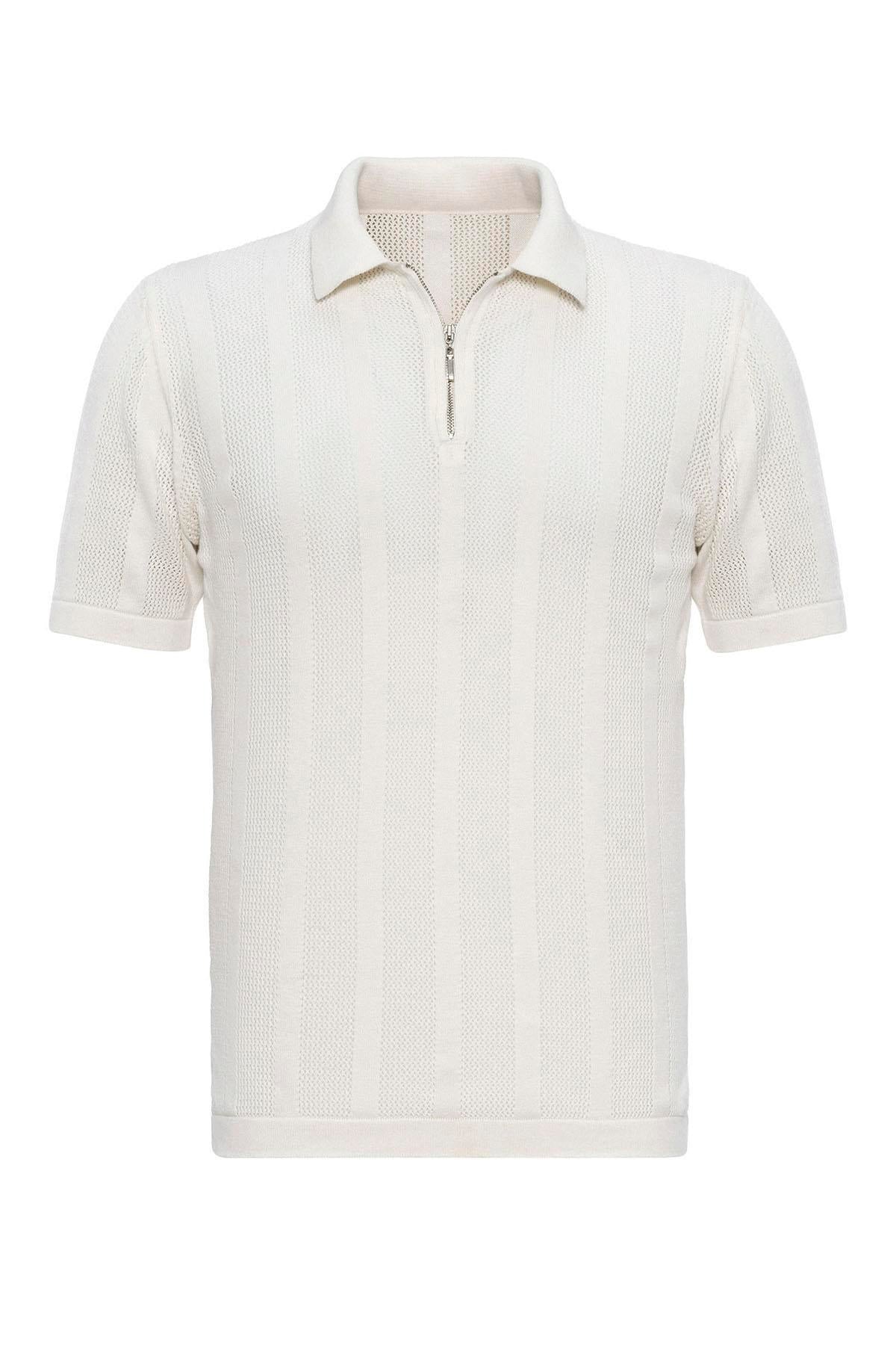 Antioch-Beyaz Polo Yaka Fermuarlı Örme Erkek T Shirt-T-Shirts-7-Milagron.com