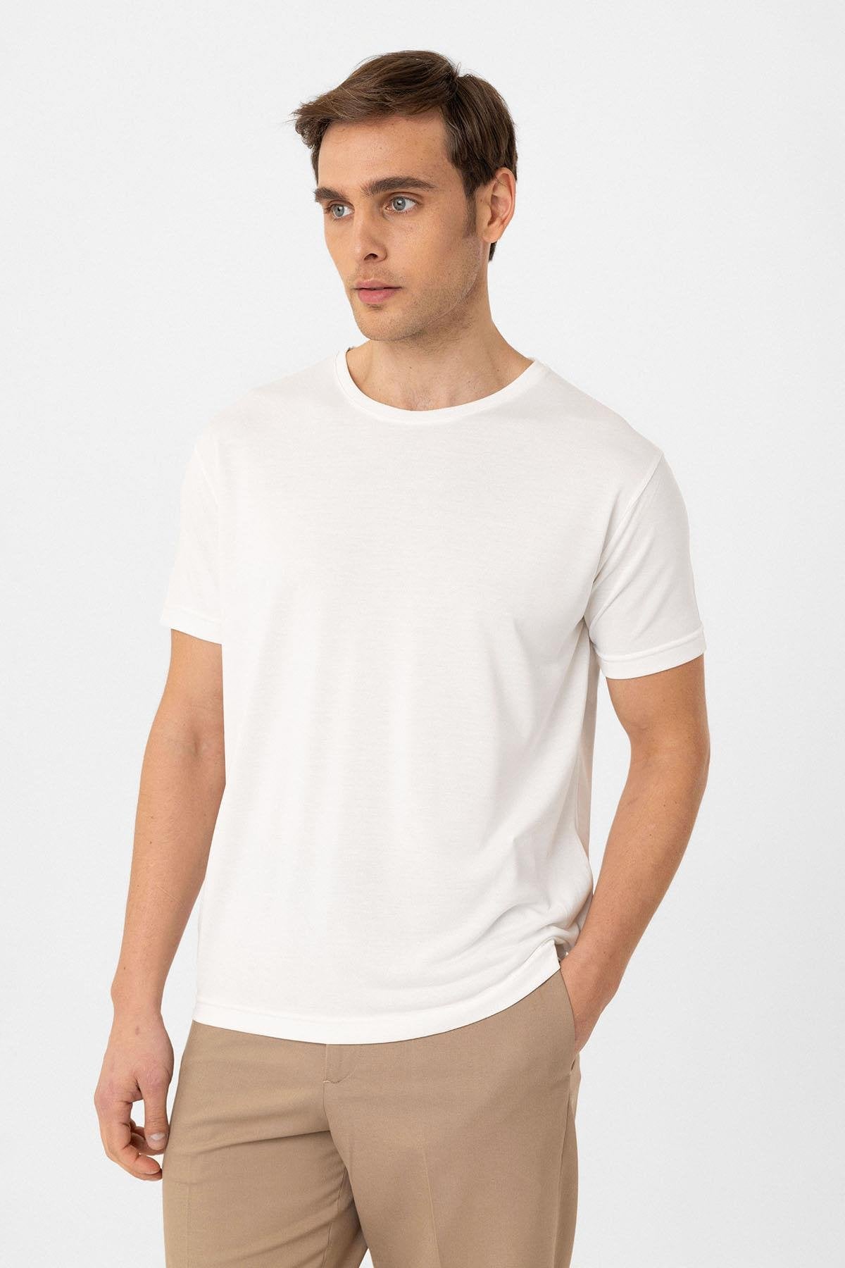 Antioch-Beyaz Regular Fit Modal Teknik Kumaş Erkek T Shirt-T-Shirts-1-Milagron.com