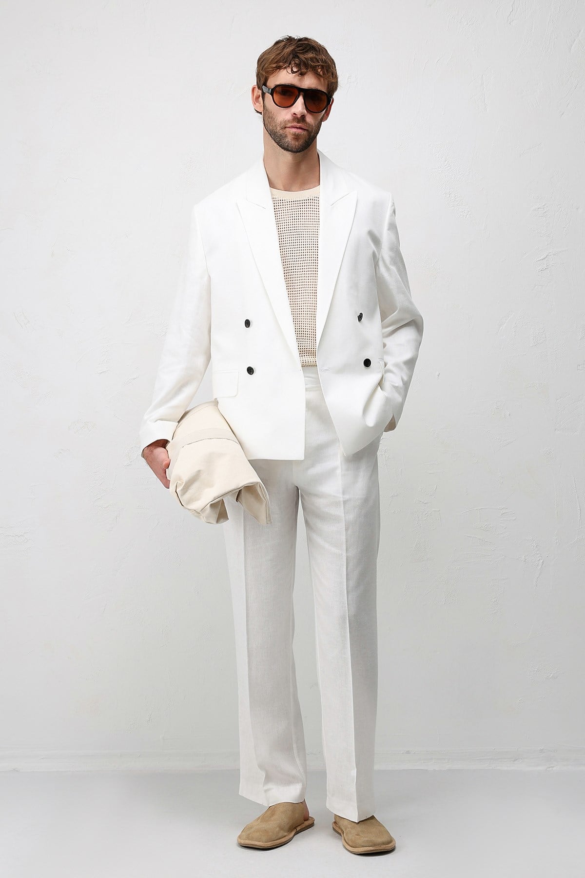 Antioch Beyaz Relax Fit Keten Karışımlı Erkek Blazer Ceket