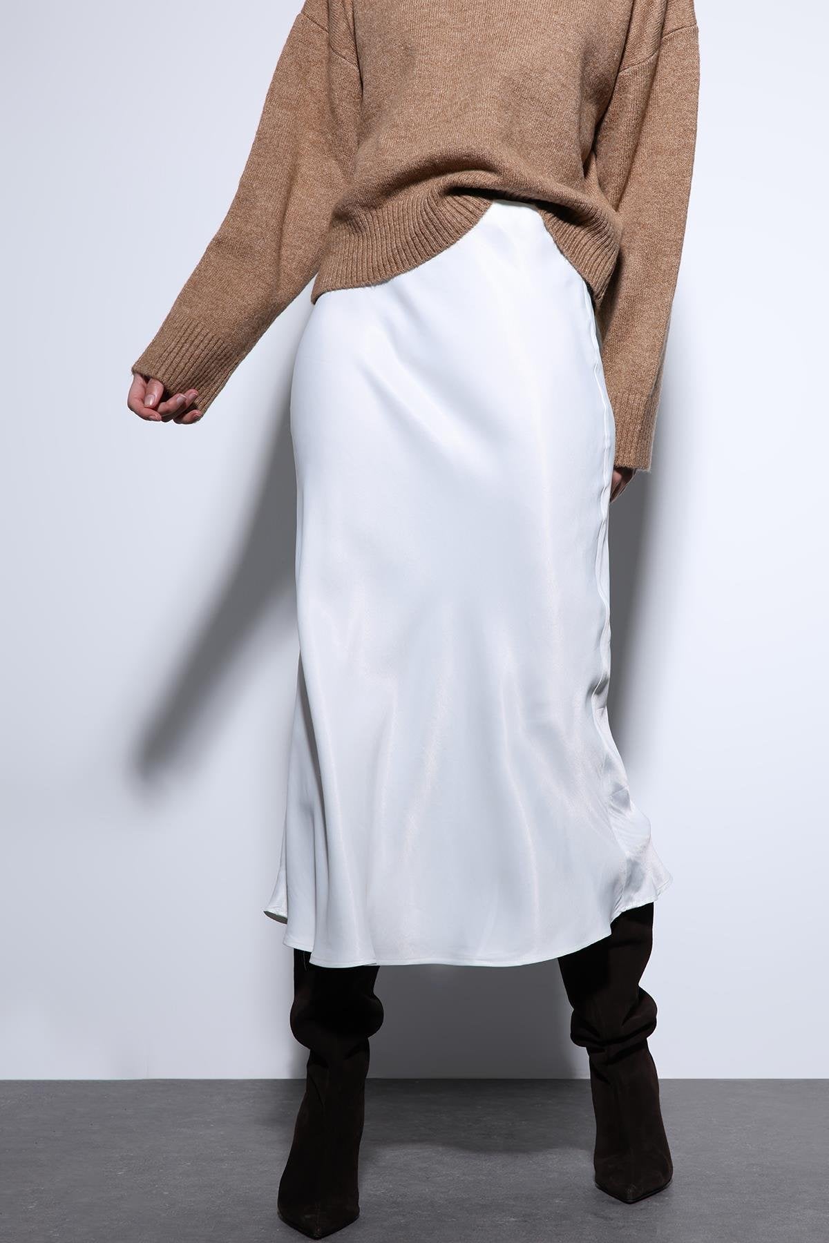 Antioch-Antioch Beyaz Saten Midi Etek-Etek-4-Milagron.com