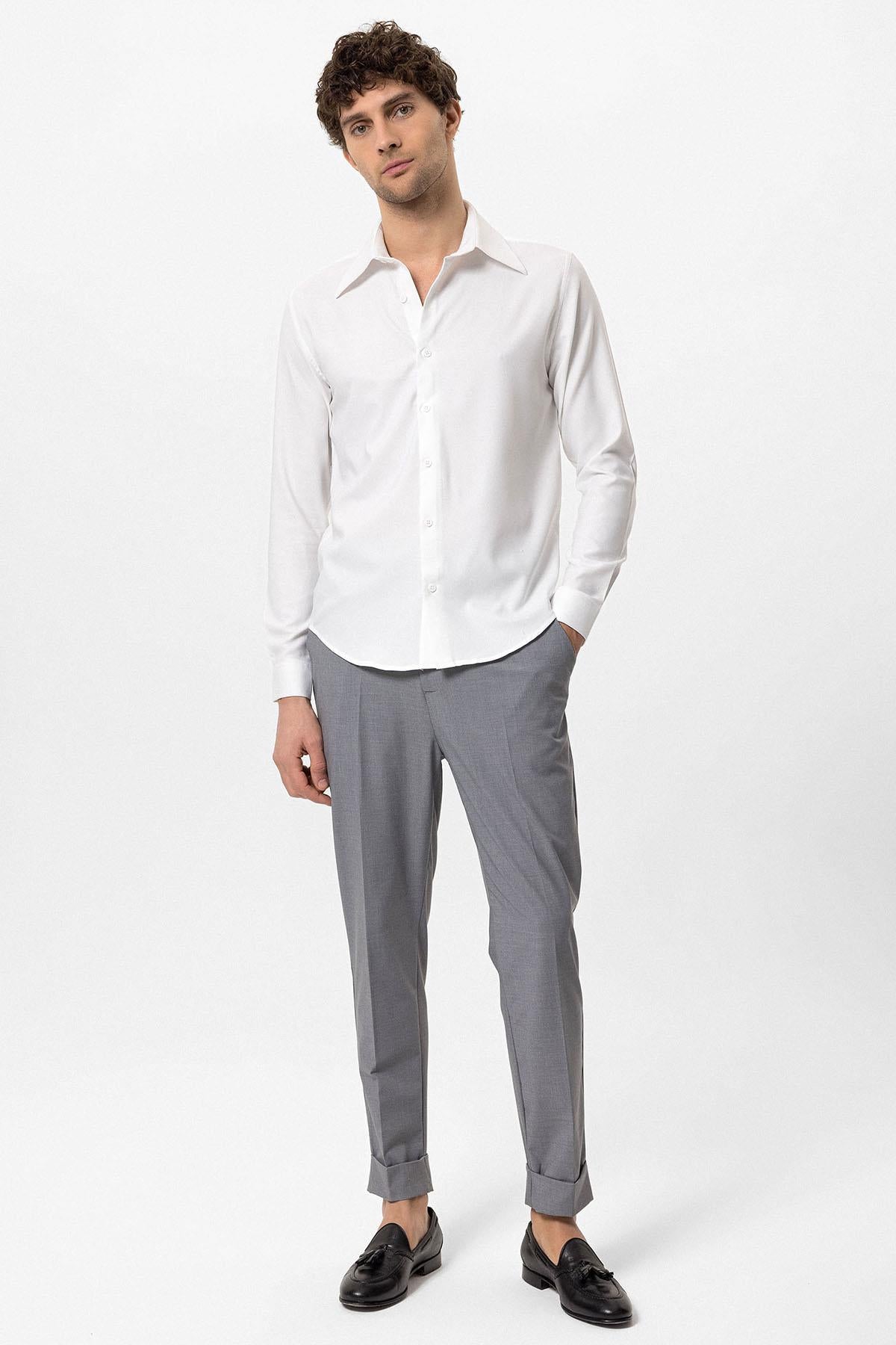 Antioch-Beyaz Slim Fit Erkek Uzun Kollu Geniş Yaka Gömlek-Gömlek-4-Milagron.com