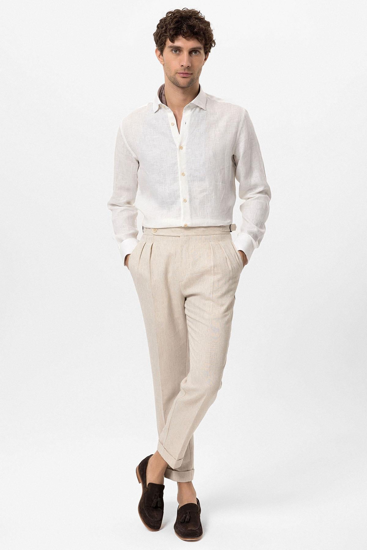 Antioch-Beyaz Yaka Düğme Detaylı %100 Keten Erkek Gömlek-Gömlek-3-Milagron.com