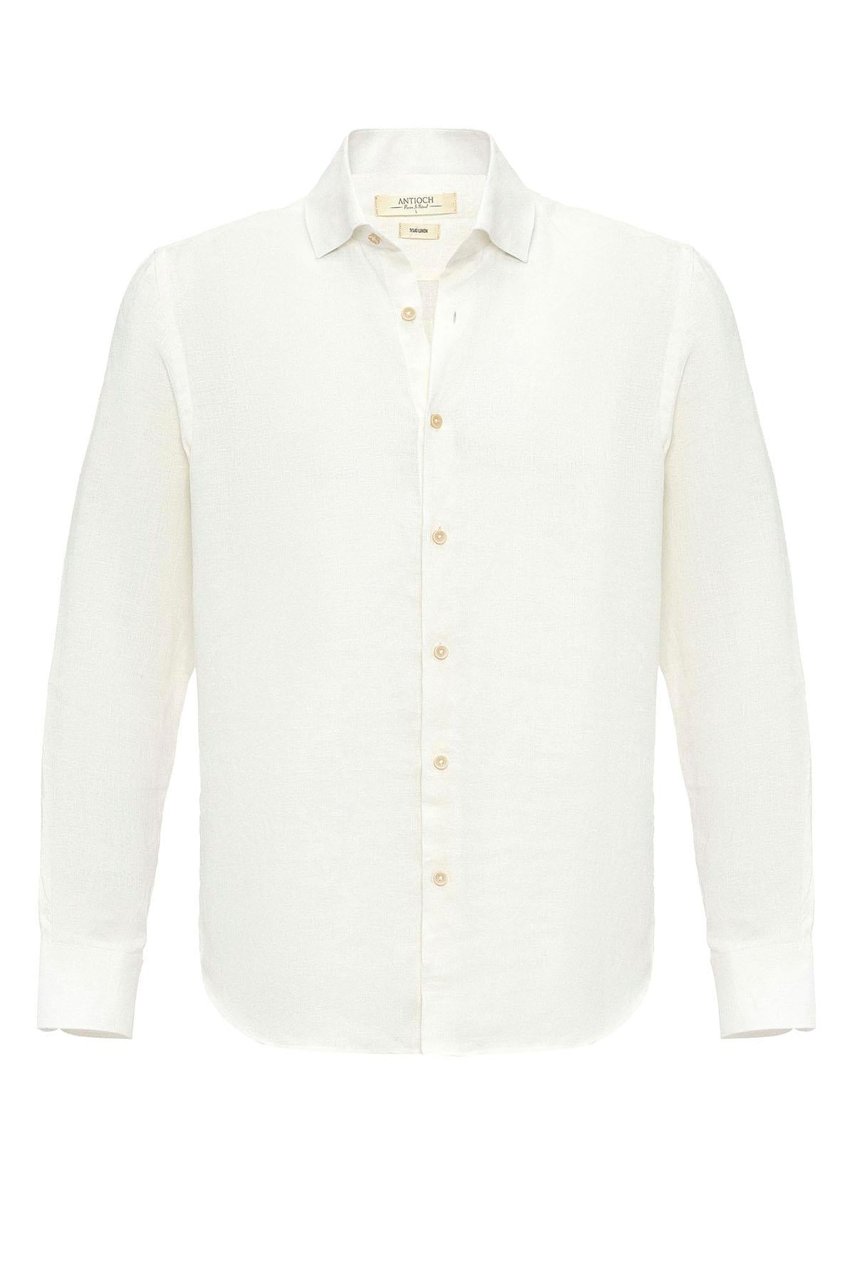 Antioch-Beyaz Yaka Düğme Detaylı %100 Keten Erkek Gömlek-Gömlek-7-Milagron.com