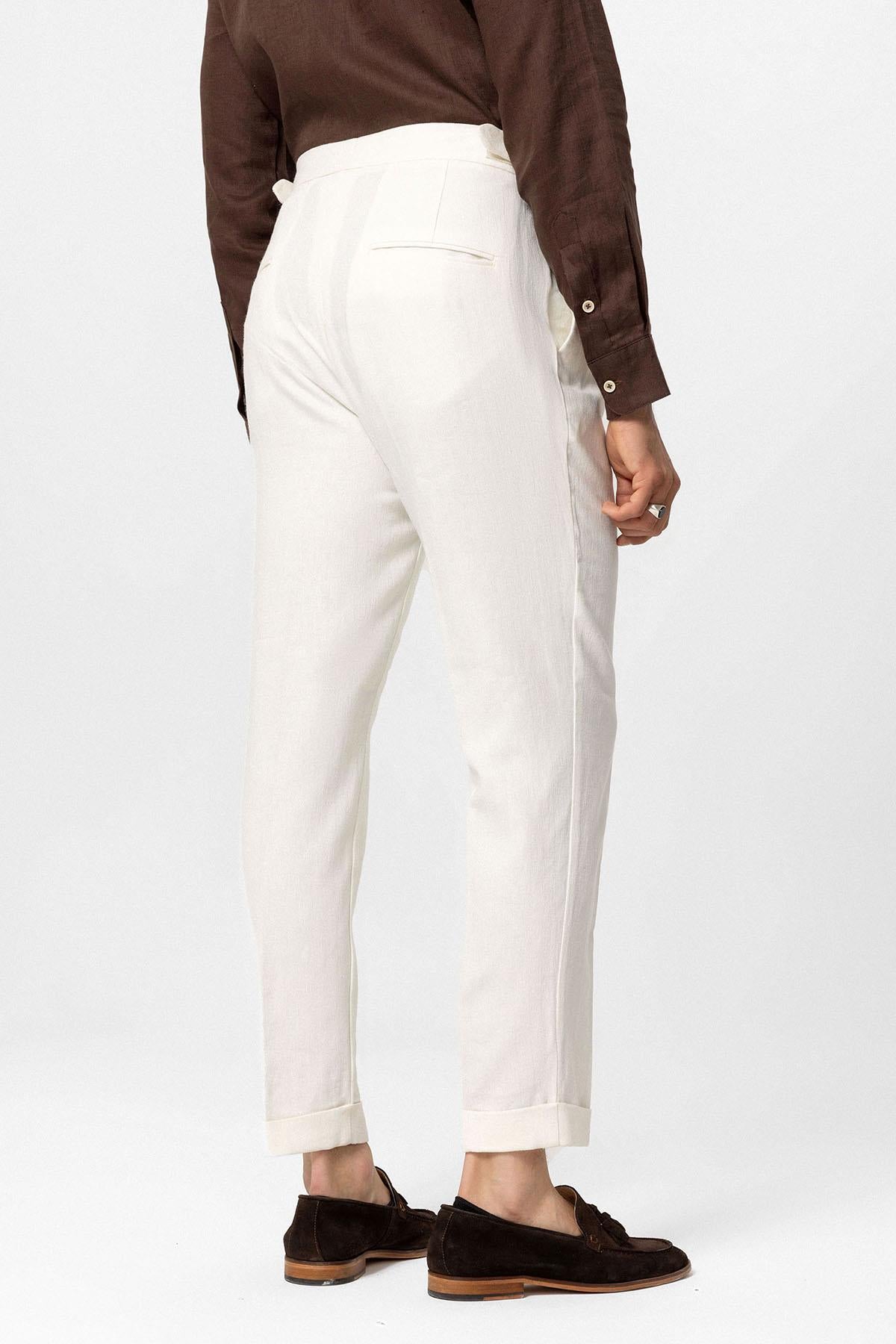 Antioch-Beyaz Yüksek Bel Keten Karışımlı Duble Paça Erkek Pantolon-Pantolon-5-Milagron.com