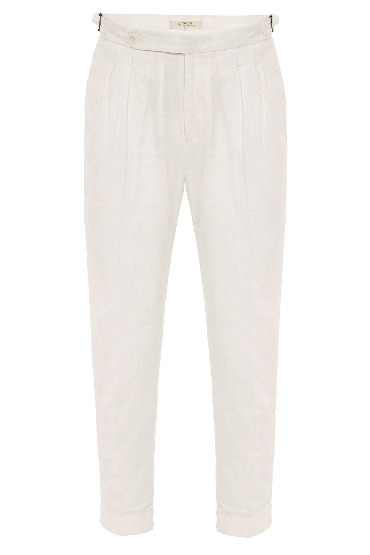 Antioch-Beyaz Yüksek Bel Keten Karışımlı Duble Paça Erkek Pantolon-Pantolon-6-Milagron.com