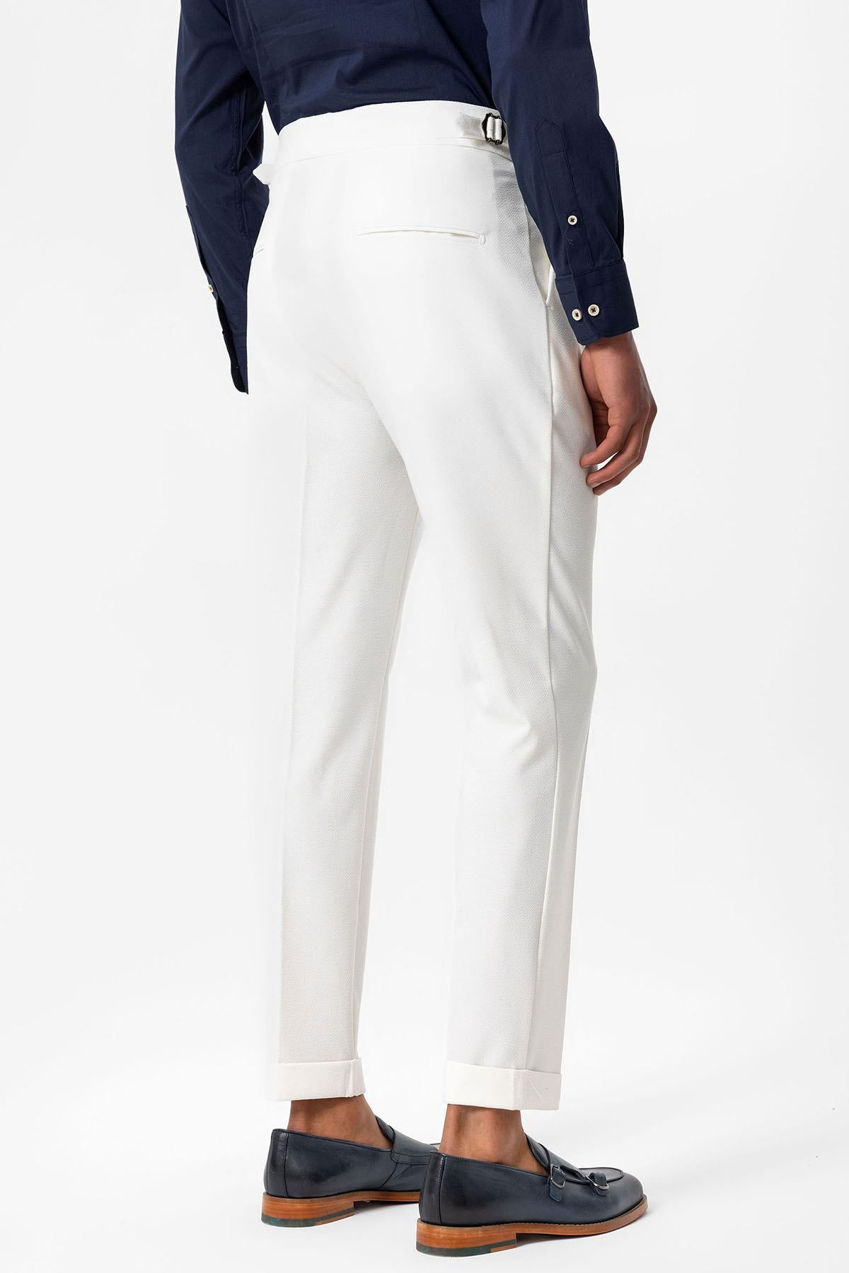 Antioch-Beyaz Yüksek Bel Pileli Dokulu Erkek Pantolon-Pantolon-6-Milagron.com