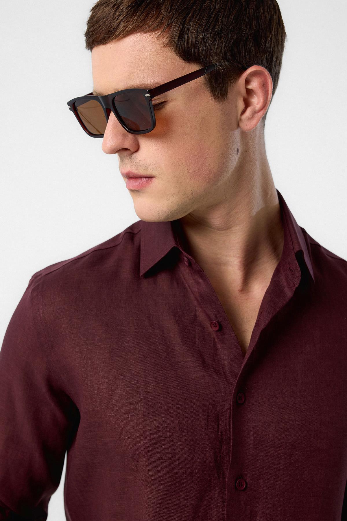 Antioch-Antioch Bordo 100% Keten Comfort Fit Erkek Gömlek-Gömlek-2-Milagron.com