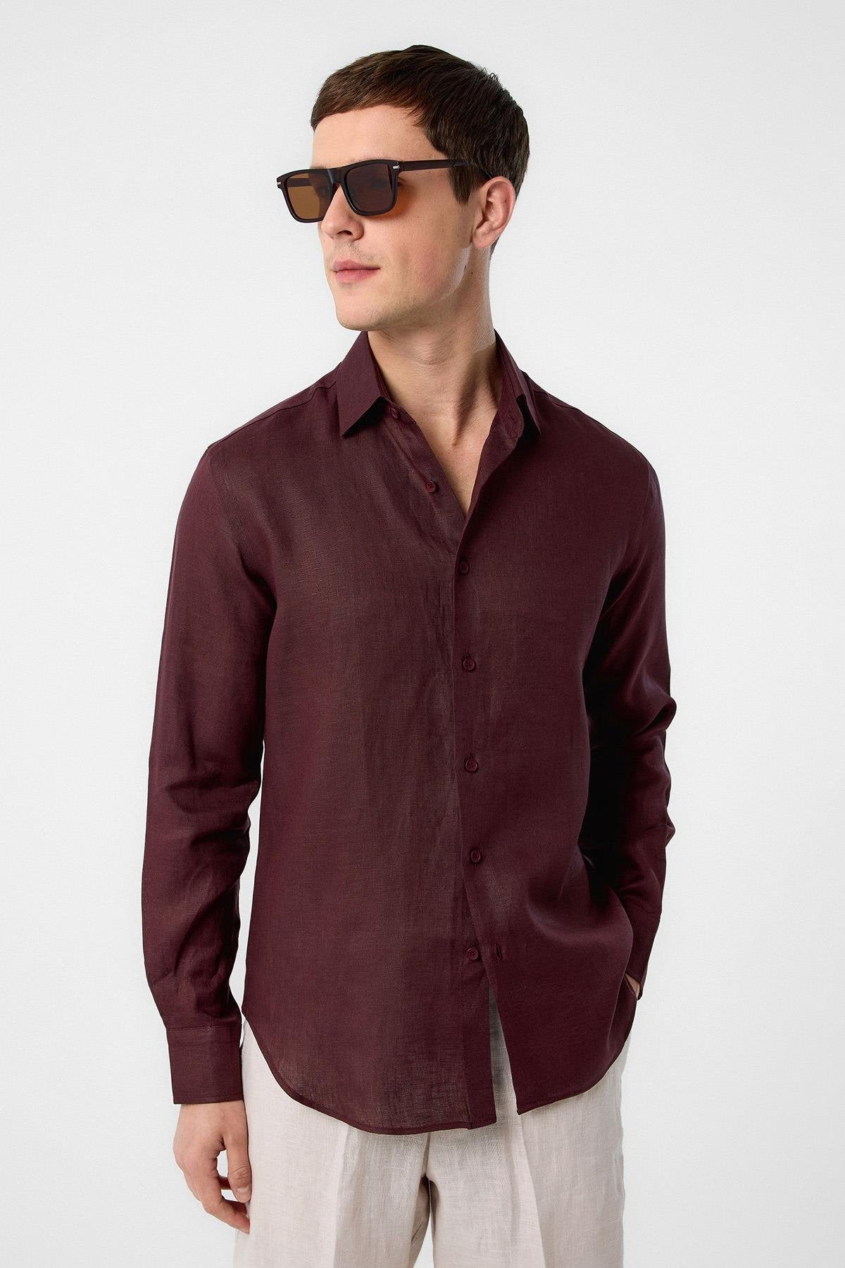 Antioch-Antioch Bordo 100% Keten Comfort Fit Erkek Gömlek-Gömlek-3-Milagron.com