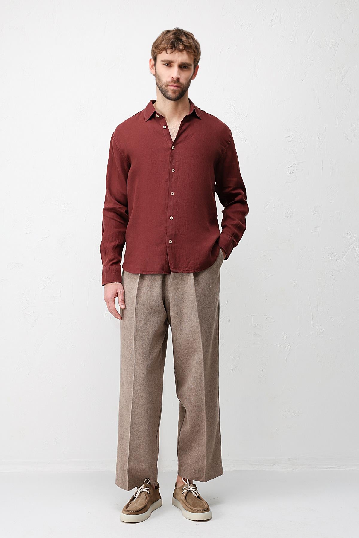 Antioch Bordo 100% Keten Relax Fit Erkek Gömlek