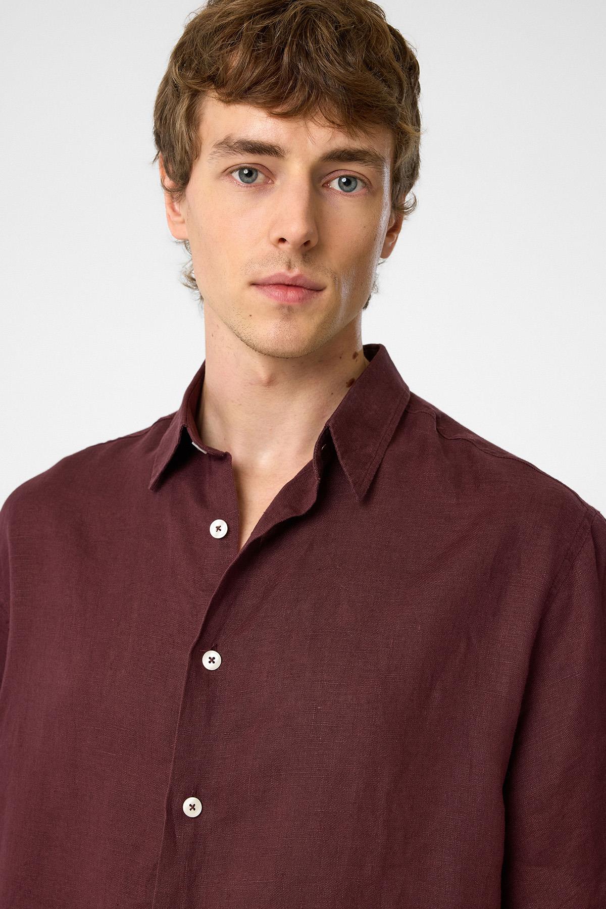 Antioch-Bordo 100% Keten Relaxed Erkek Gömlek-Gömlek-4-Milagron.com