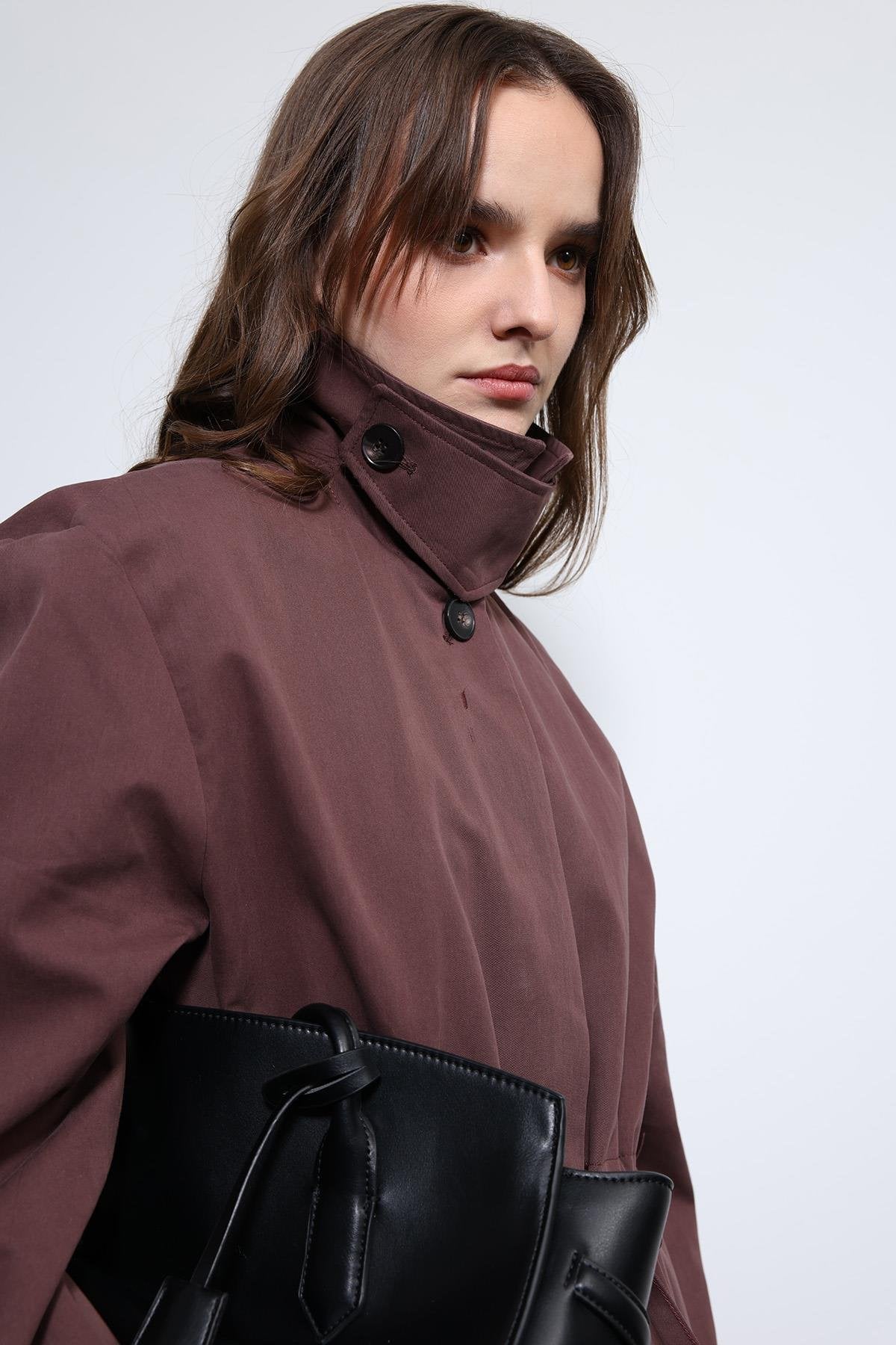 Antioch-Bordo Ayarlanabilir Bele Sahip Kısa Trençkot-Trençkot-12-Milagron.com